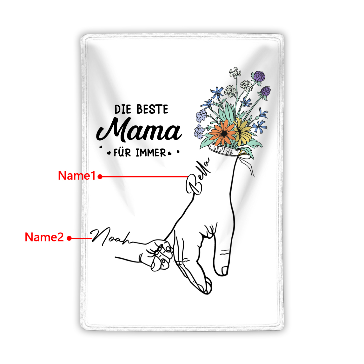 Personalisierte 2-8 Namen Hand-in-Hand Flanell Decke –Die beste Mama für immer – Kuscheliges Geschenk für Mutter Familie