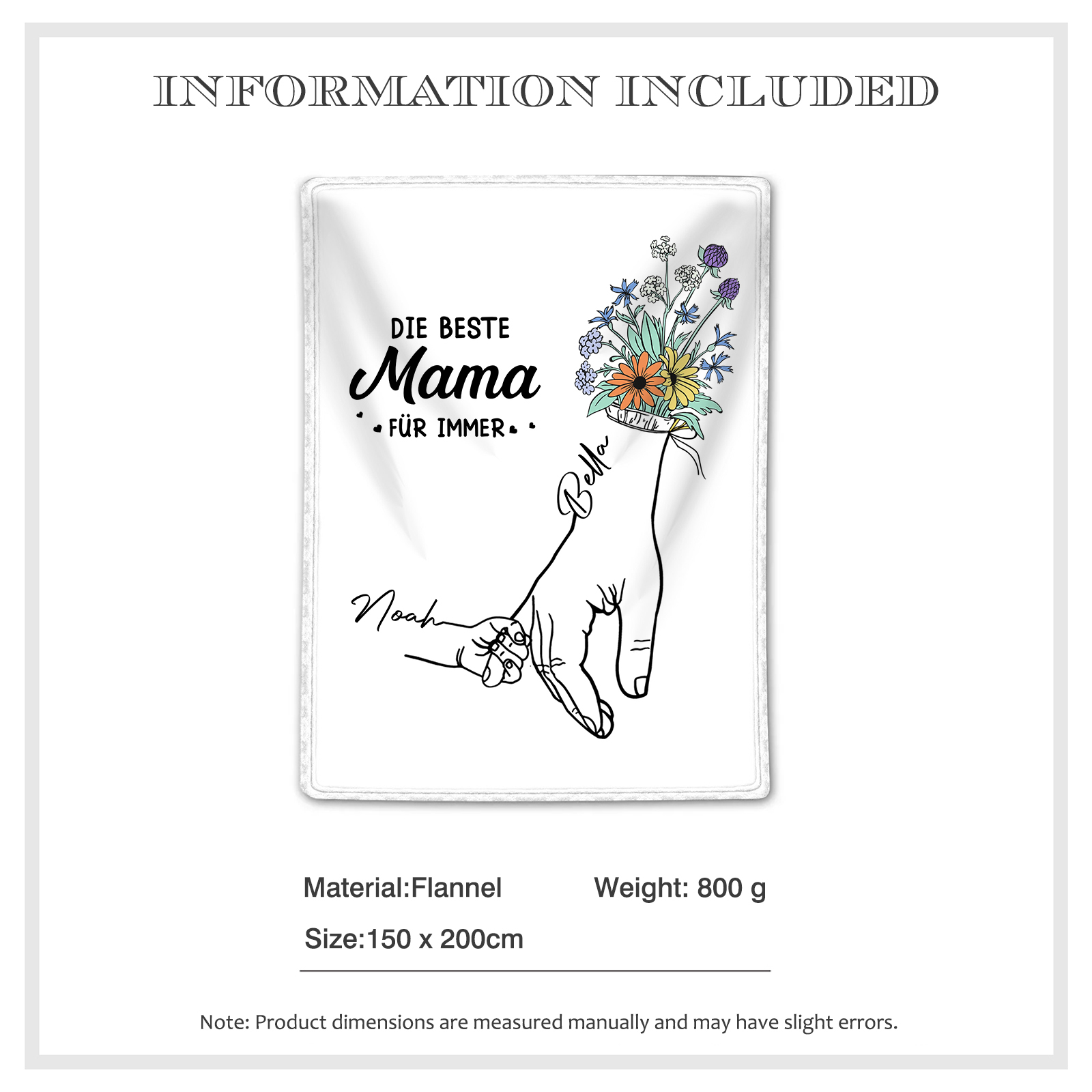 Personalisierte 2-8 Namen Hand-in-Hand Flanell Decke –Die beste Mama für immer – Kuscheliges Geschenk für Mutter Familie
