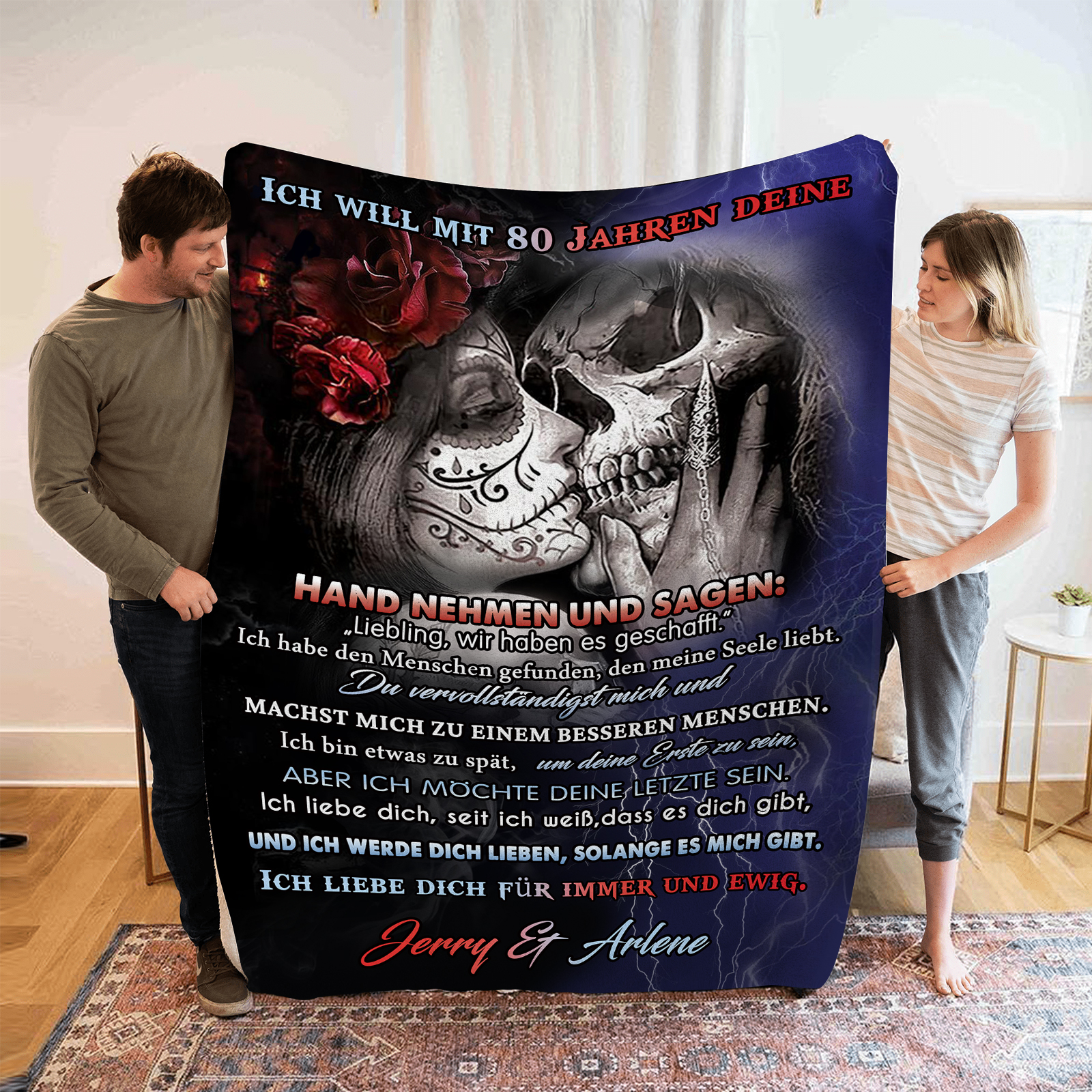 Personalisierte 2 Namen Flanell-Decke mit Skelett -Ich liebe dich für immer und ewig- Perfektes Geschenk für Paar