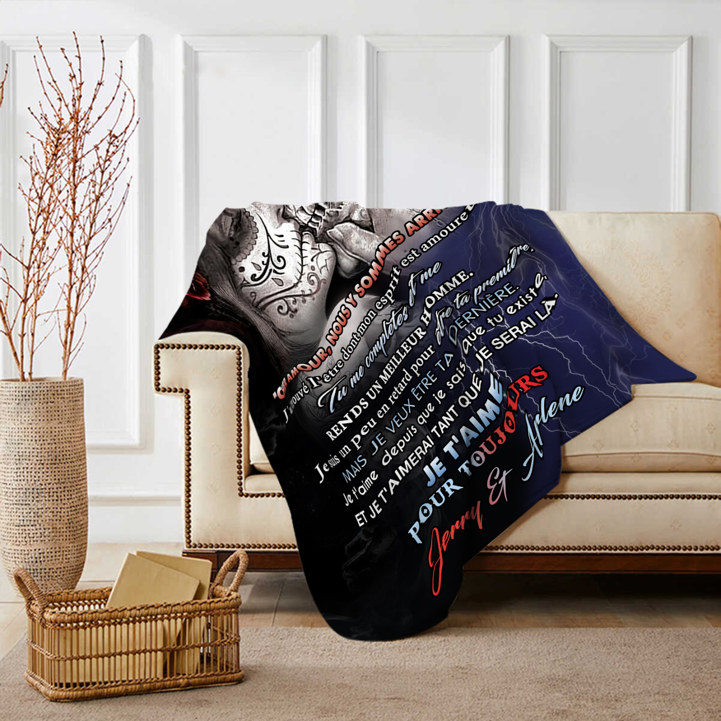 Personalisierte 2 Namen Flanell-Decke mit Skelett -Ich liebe dich für immer und ewig- Perfektes Geschenk für Paar