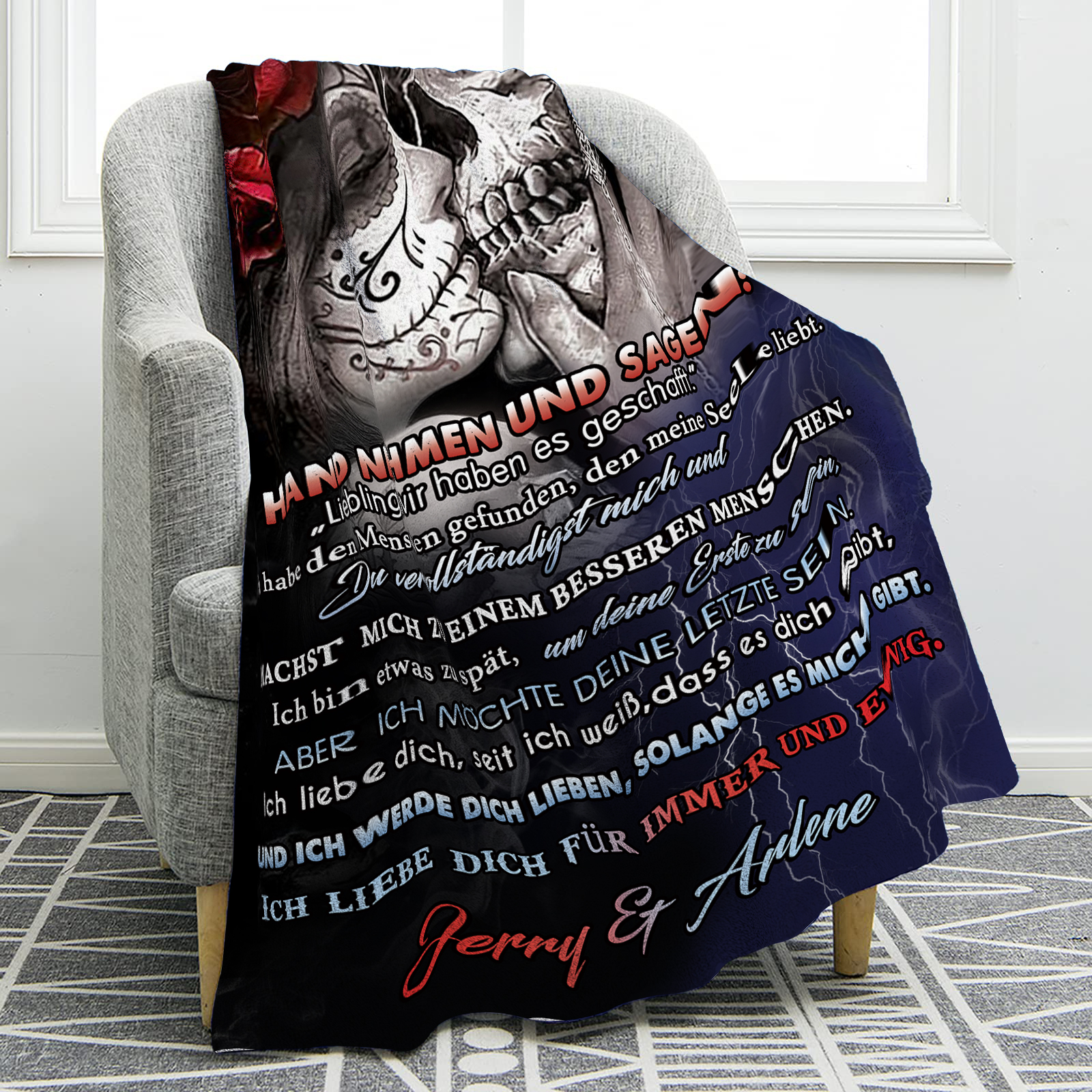 Personalisierte 2 Namen Flanell-Decke mit Skelett -Ich liebe dich für immer und ewig- Perfektes Geschenk für Paar