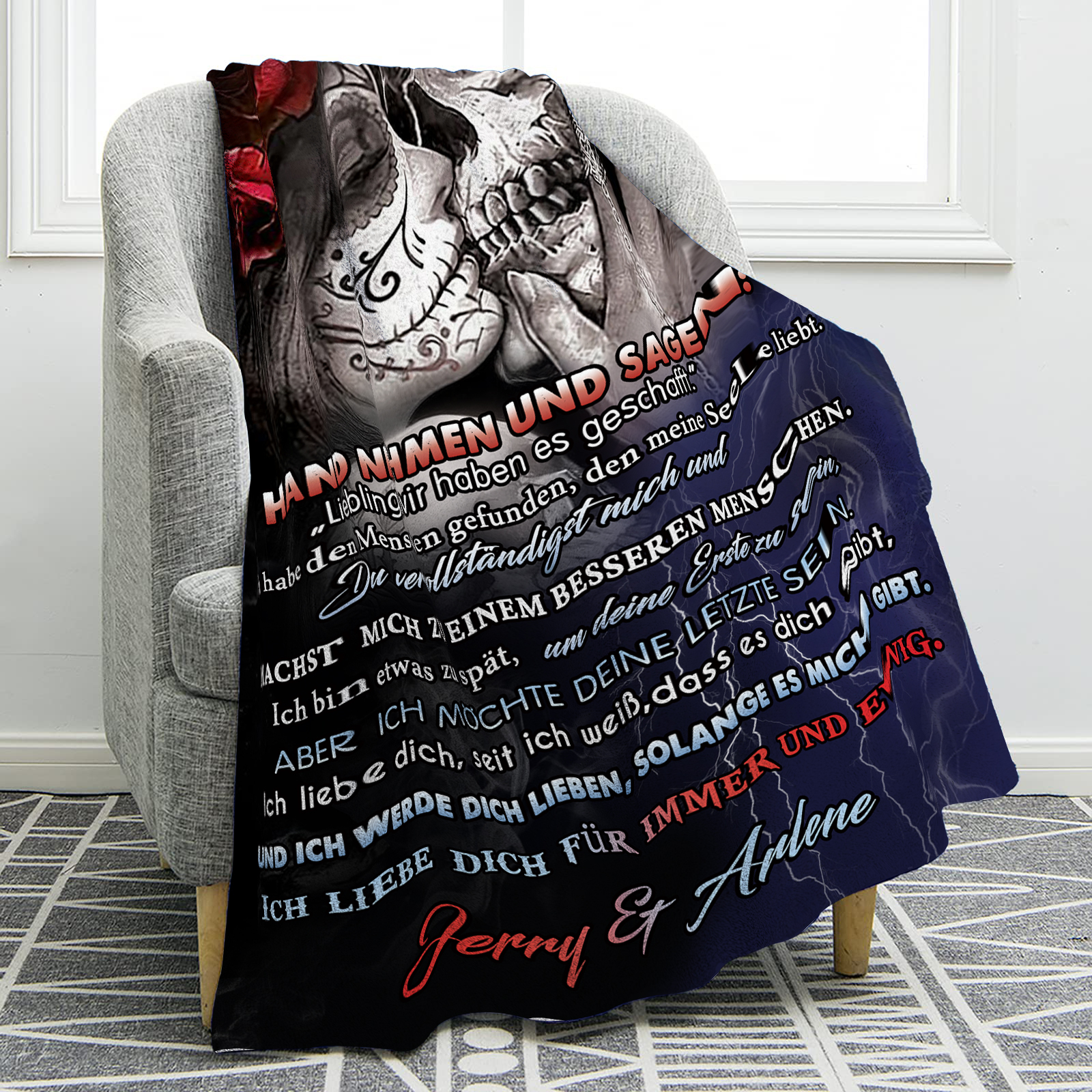 Personalisierte 2 Namen Flanell-Decke mit Skelett -Ich liebe dich für immer und ewig- Perfektes Geschenk für Paar