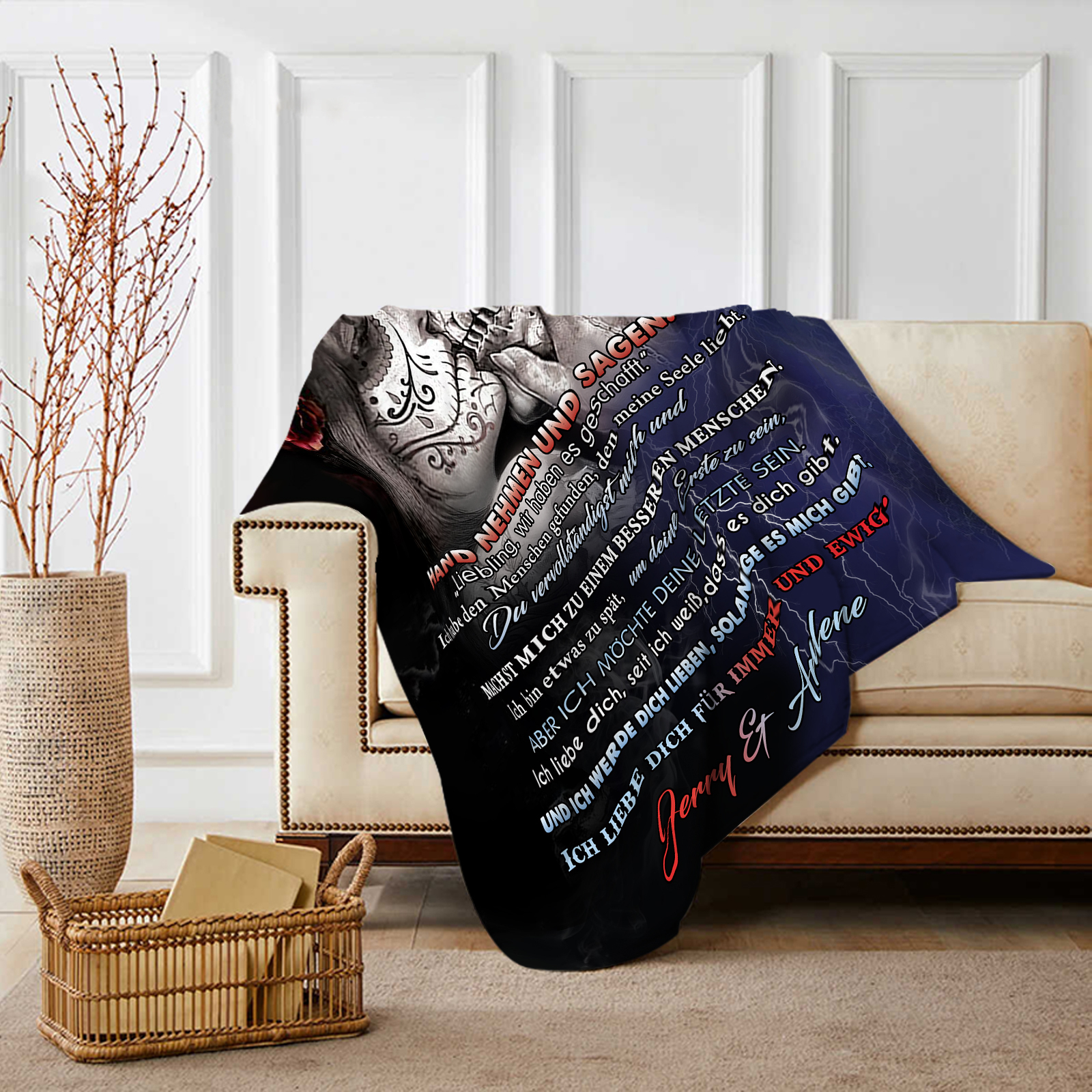 Personalisierte 2 Namen Flanell-Decke mit Skelett -Ich liebe dich für immer und ewig- Perfektes Geschenk für Paar