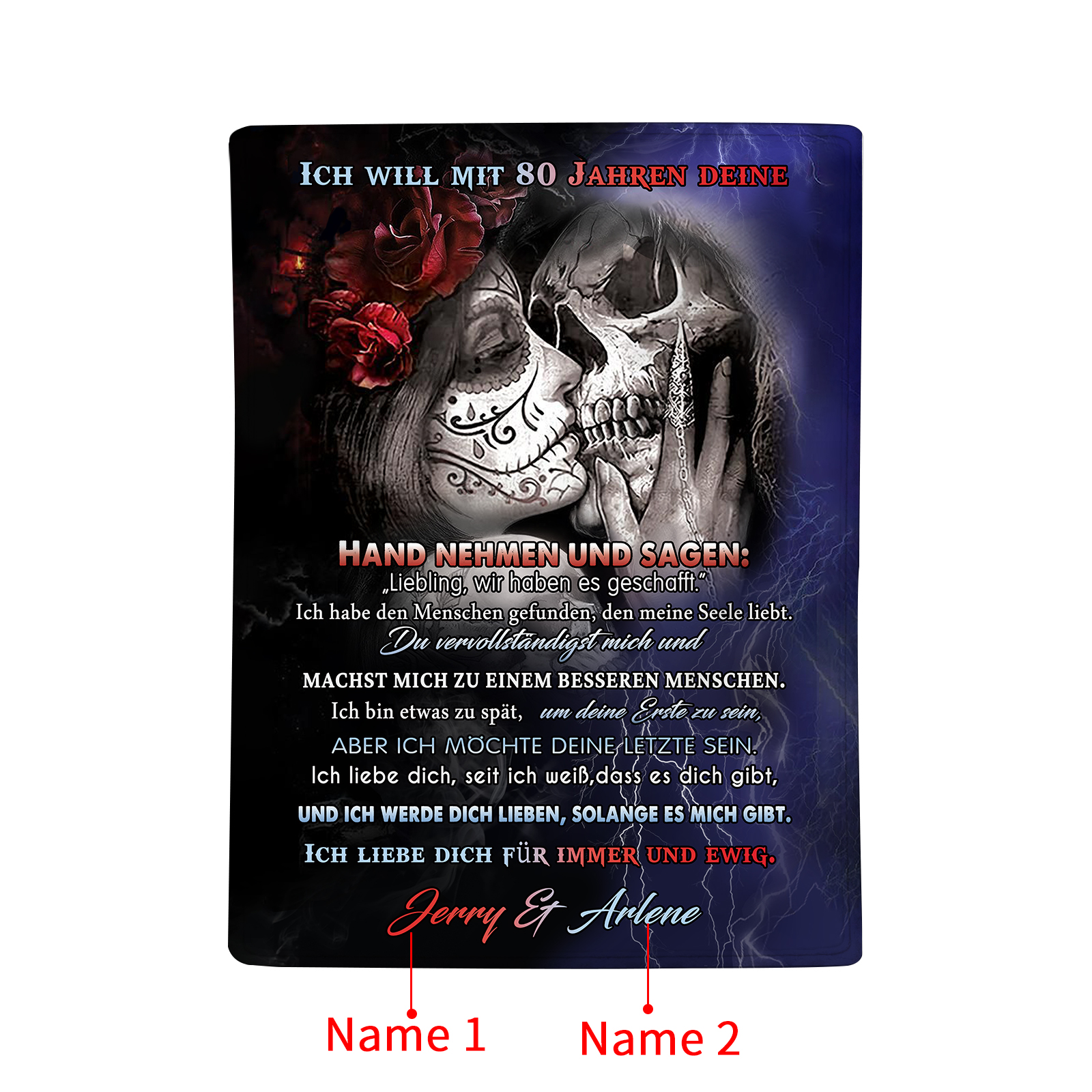 Personalisierte 2 Namen Flanell-Decke mit Skelett -Ich liebe dich für immer und ewig- Perfektes Geschenk für Paar