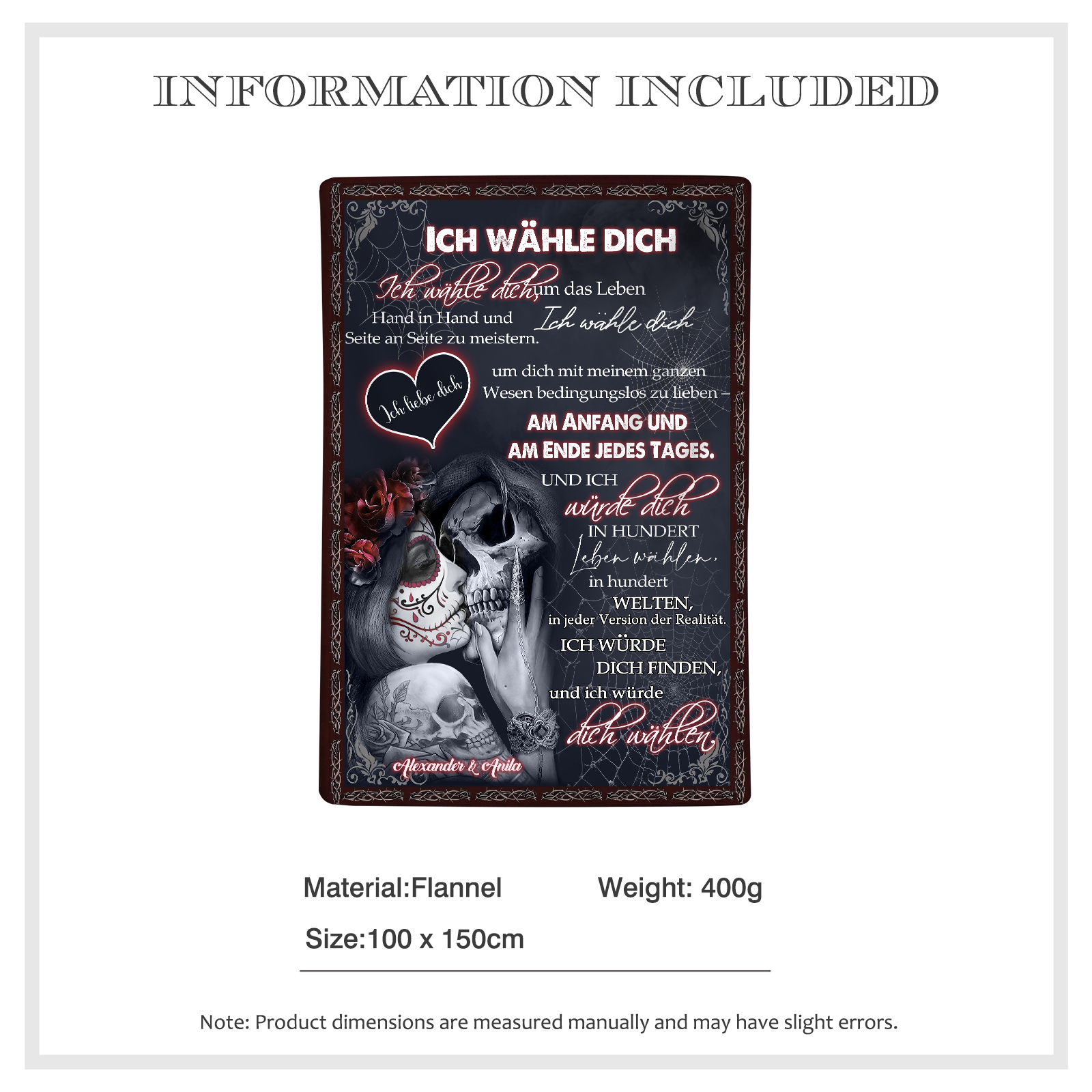Personalisierte 2 Namen Flanell-Decke mit Skelett -Ich wähle dich- Ideales Liebesgeschenk für Paar