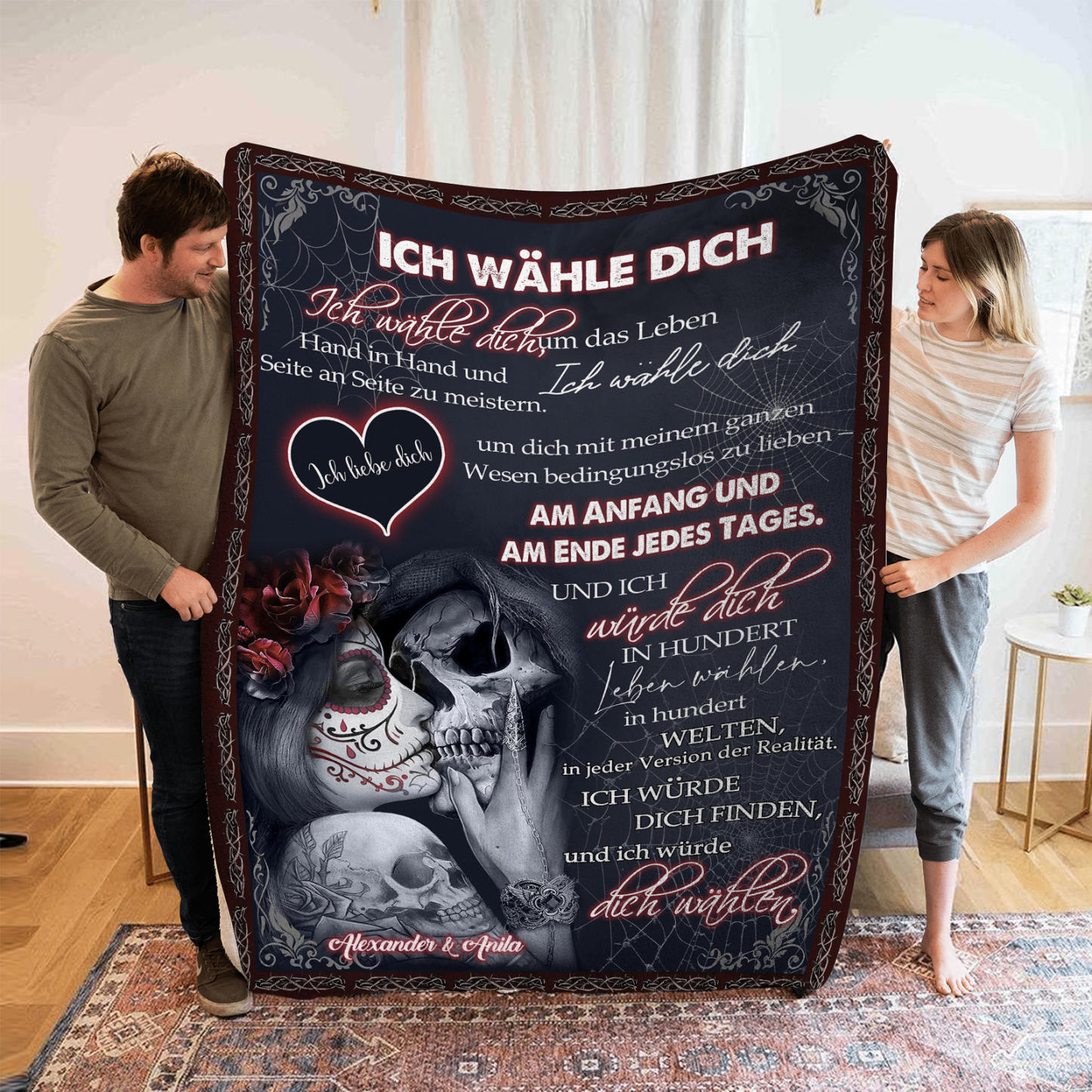 Personalisierte 2 Namen Flanell-Decke mit Skelett -Ich wähle dich- Ideales Liebesgeschenk für Paar