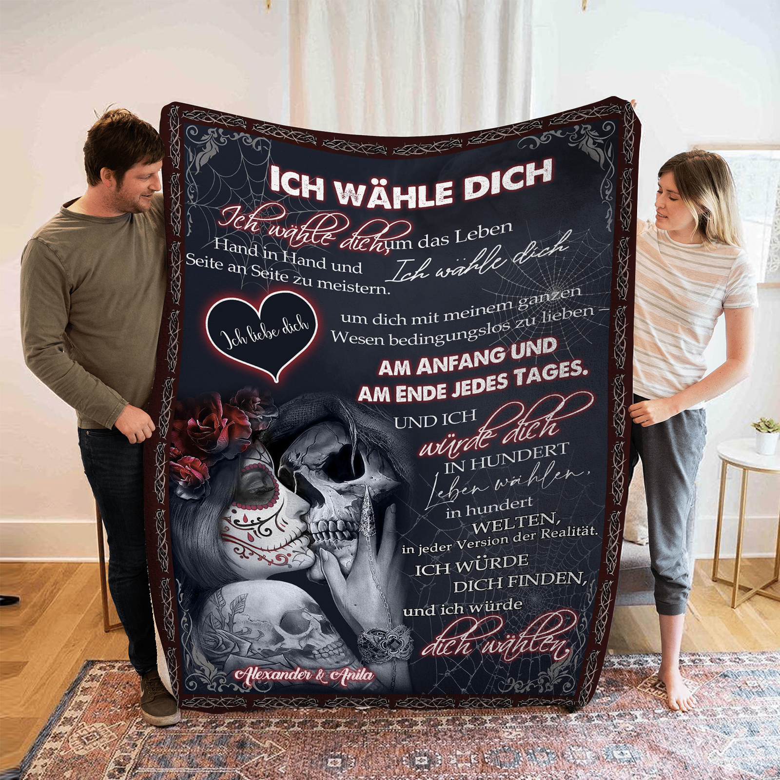 Personalisierte 2 Namen Flanell-Decke mit Skelett -Ich wähle dich- Ideales Liebesgeschenk für Paar