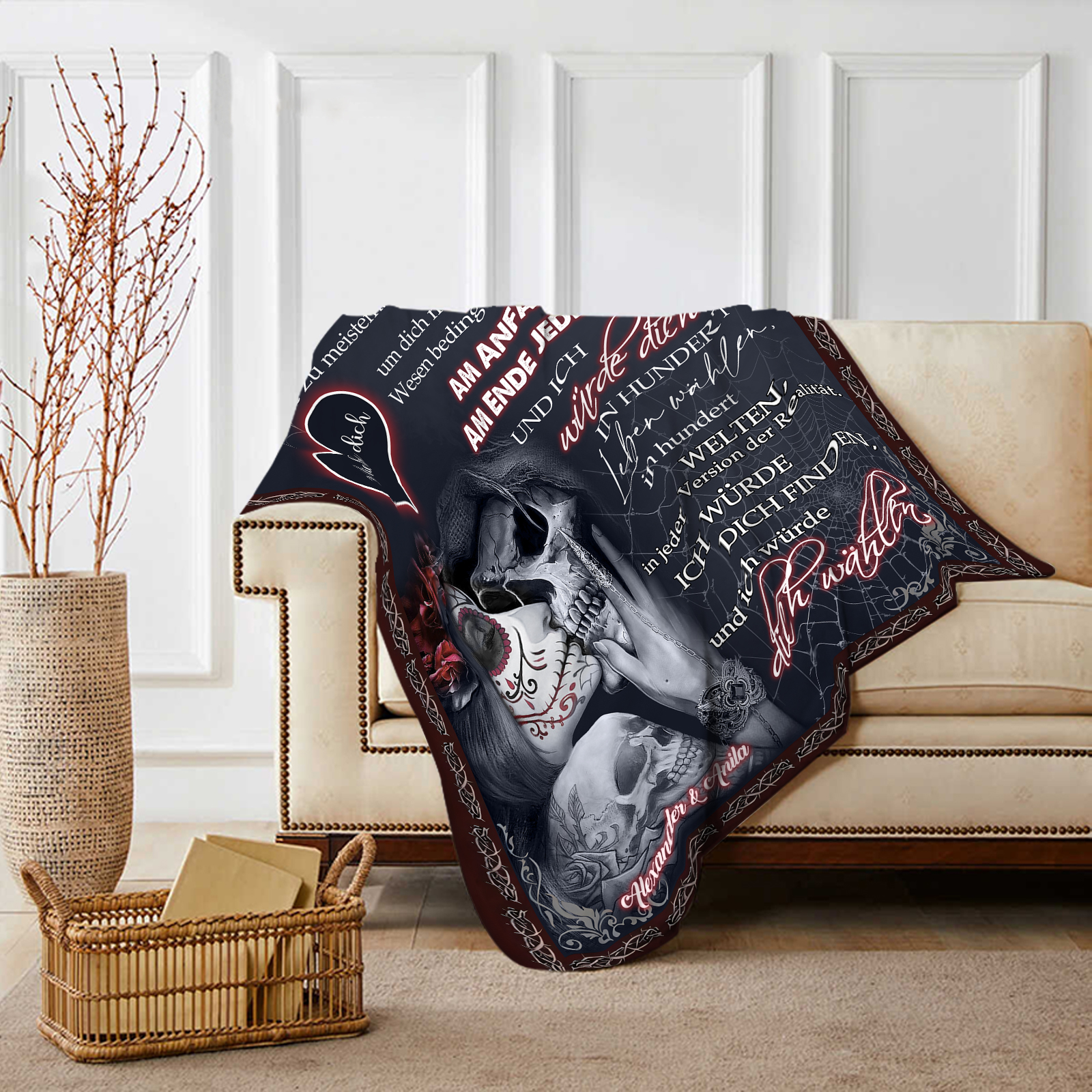 Personalisierte 2 Namen Flanell-Decke mit Skelett -Ich wähle dich- Ideales Liebesgeschenk für Paar