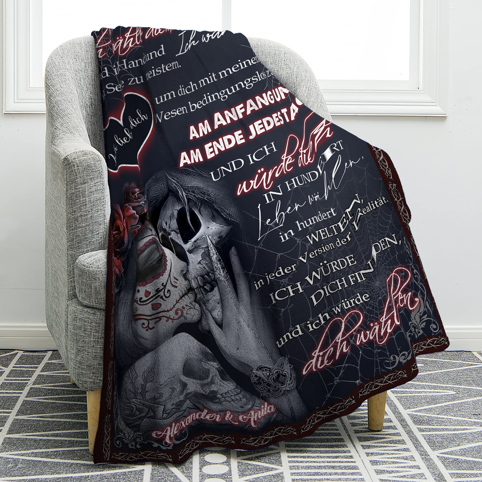 Personalisierte 2 Namen Flanell-Decke mit Skelett -Ich wähle dich- Ideales Liebesgeschenk für Paar