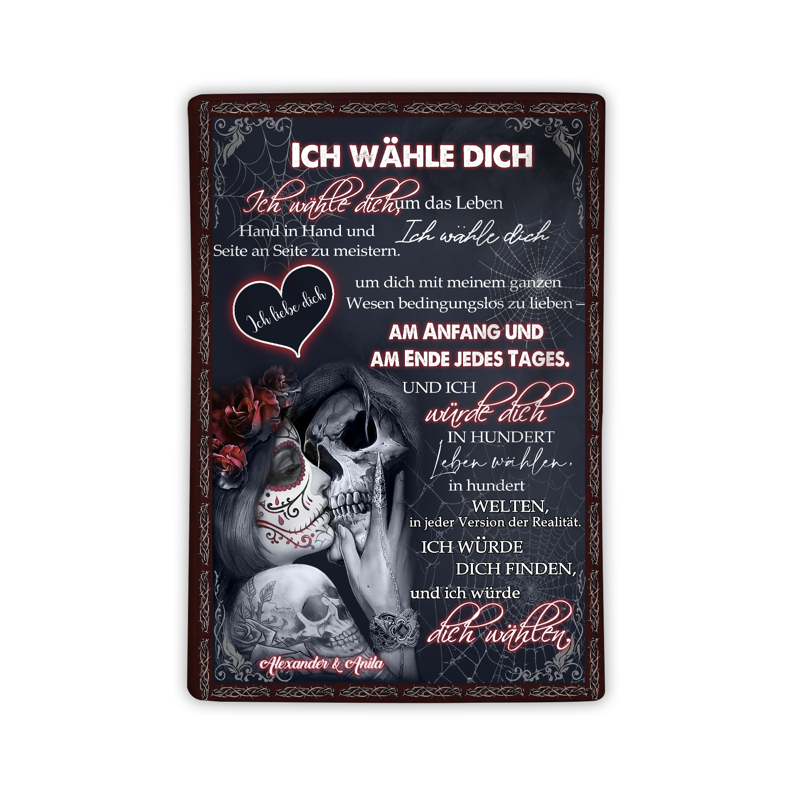 Personalisierte 2 Namen Flanell-Decke mit Skelett -Ich wähle dich- Ideales Liebesgeschenk für Paar