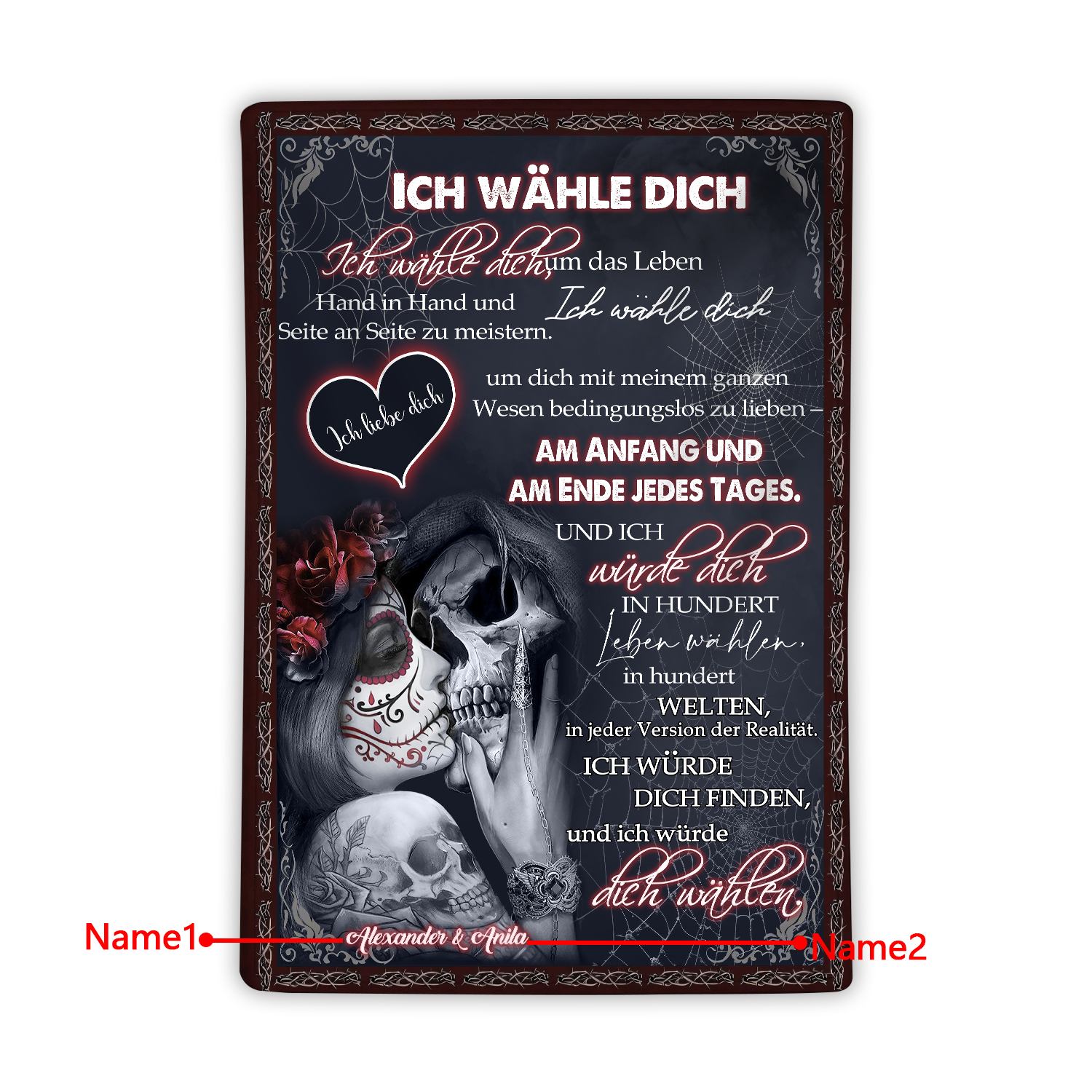 Personalisierte 2 Namen Flanell-Decke mit Skelett -Ich wähle dich- Ideales Liebesgeschenk für Paar