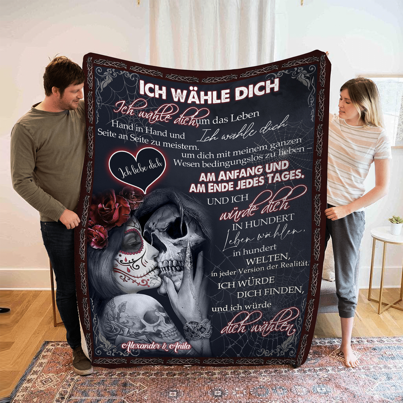 Personalisierte 2 Namen Flanell-Decke mit Skelett -Ich wähle dich- Ideales Liebesgeschenk für Paar