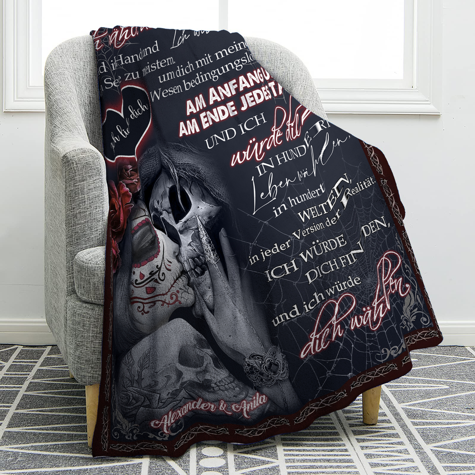 Personalisierte 2 Namen Flanell-Decke mit Skelett -Ich wähle dich- Ideales Liebesgeschenk für Paar