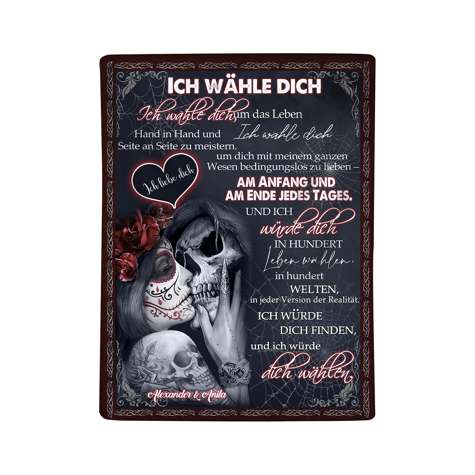 Personalisierte 2 Namen Flanell-Decke mit Skelett -Ich wähle dich- Ideales Liebesgeschenk für Paar
