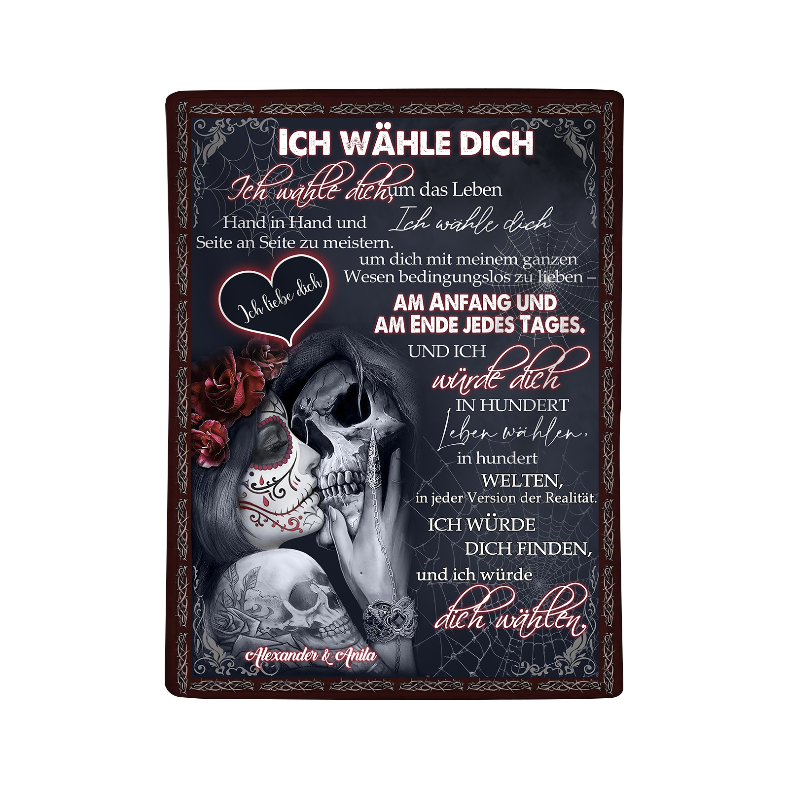 Personalisierte 2 Namen Flanell-Decke mit Skelett -Ich wähle dich- Ideales Liebesgeschenk für Paar