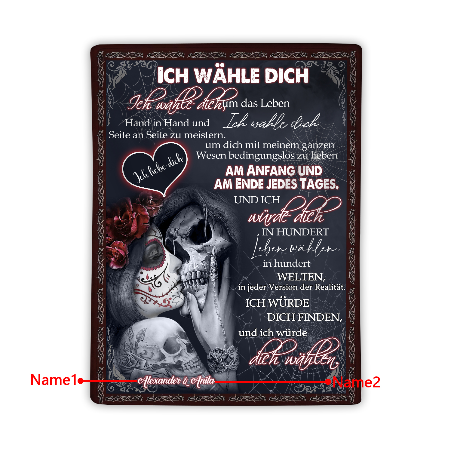 Personalisierte 2 Namen Flanell-Decke mit Skelett -Ich wähle dich- Ideales Liebesgeschenk für Paar