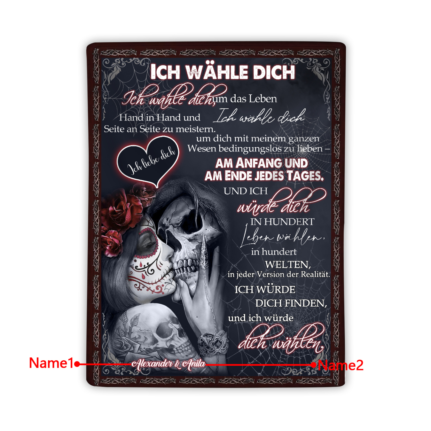 Personalisierte 2 Namen Flanell-Decke mit Skelett -Ich wähle dich- Ideales Liebesgeschenk für Paar