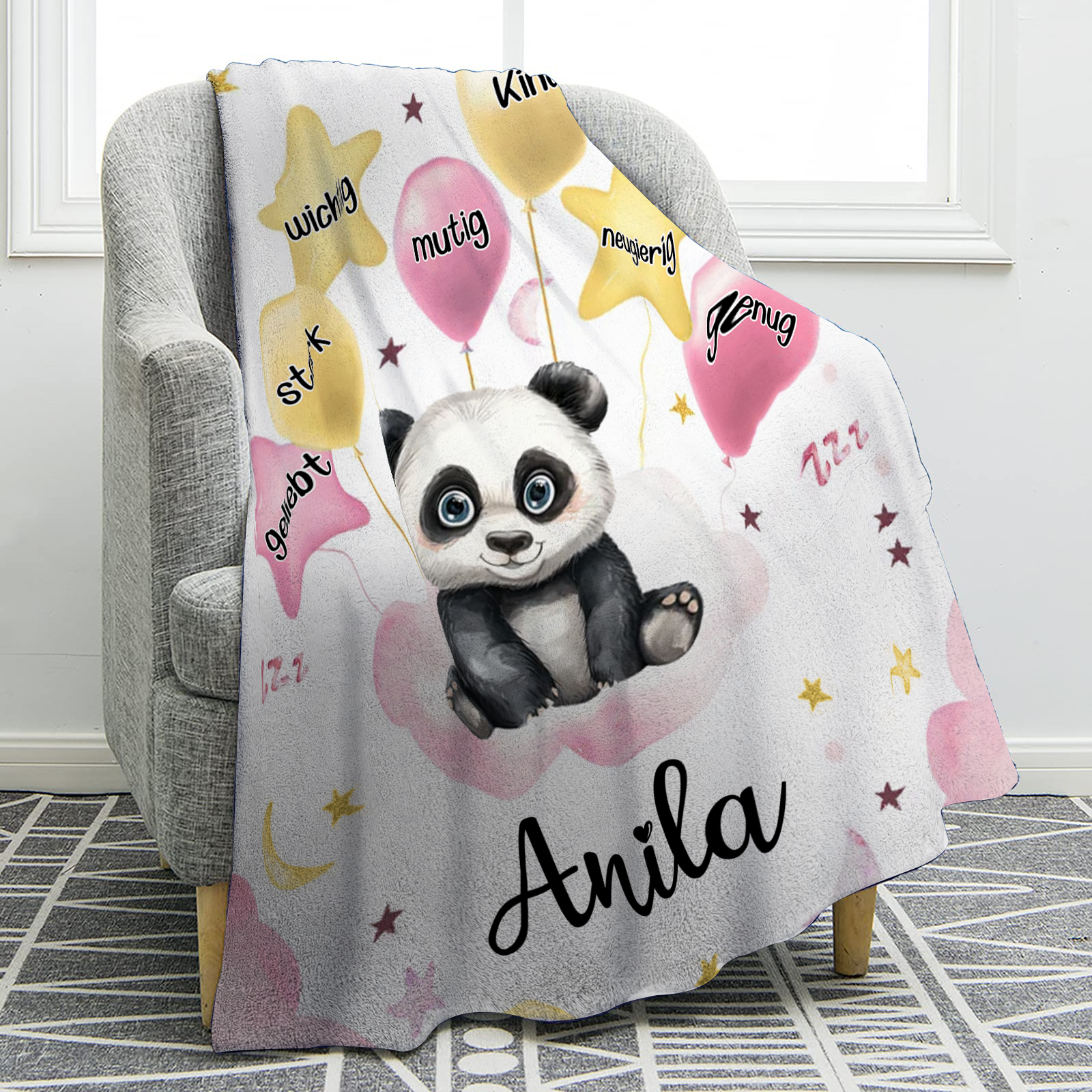 Personalisierter 1 Name Flanell-Decke mit niedlichem Panda – Kuschelige Decke für Kinder