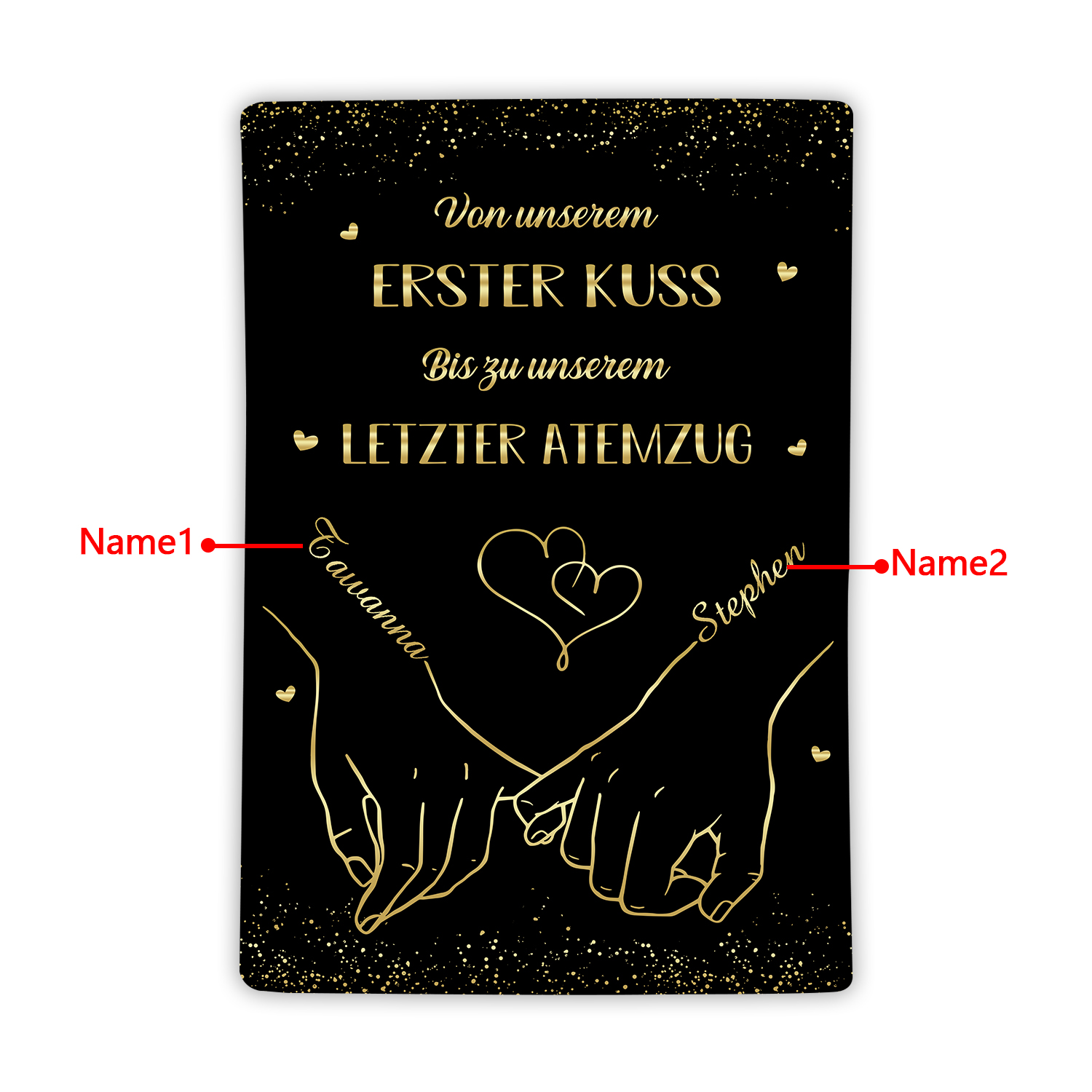 Personalisierte 2 Namen Schwarz Hand-in-Hand Flanell Decke -Von unserem ersten Kuss bis zu unserem letzter Atemzug - Geschenk für Paar