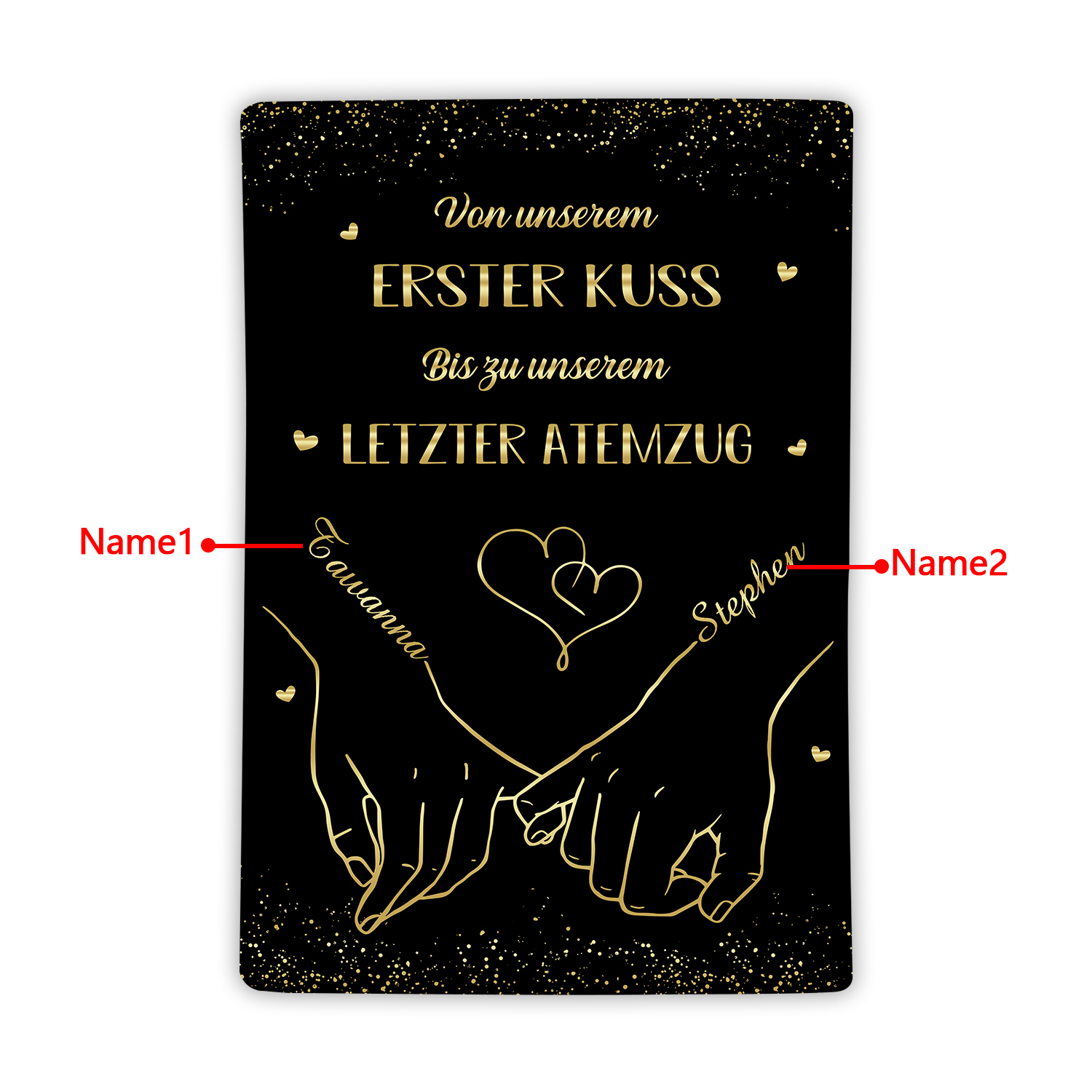 Personalisierte 2 Namen Schwarz Hand-in-Hand Flanell Decke -Von unserem ersten Kuss bis zu unserem letzter Atemzug - Geschenk für Paar