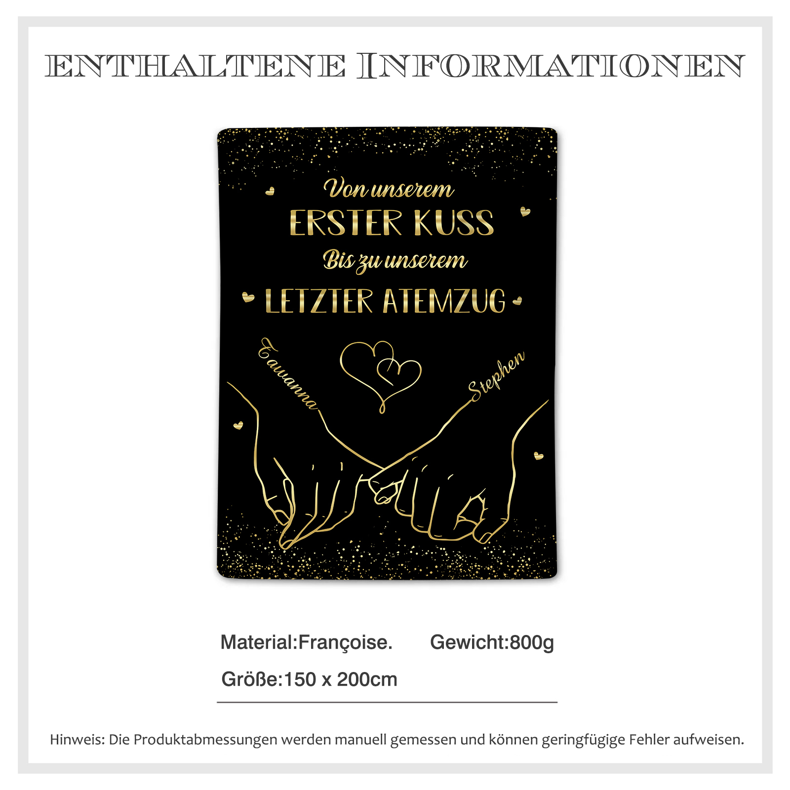 Personalisierte 2 Namen Schwarz Hand-in-Hand Flanell Decke -Von unserem ersten Kuss bis zu unserem letzter Atemzug - Geschenk für Paar