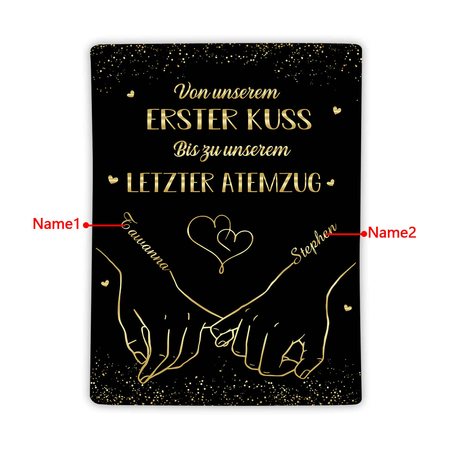 Personalisierte 2 Namen Schwarz Hand-in-Hand Flanell Decke -Von unserem ersten Kuss bis zu unserem letzter Atemzug - Geschenk für Paar