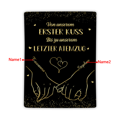 Personalisierte 2 Namen Schwarz Hand-in-Hand Flanell Decke -Von unserem ersten Kuss bis zu unserem letzter Atemzug - Geschenk für Paar
