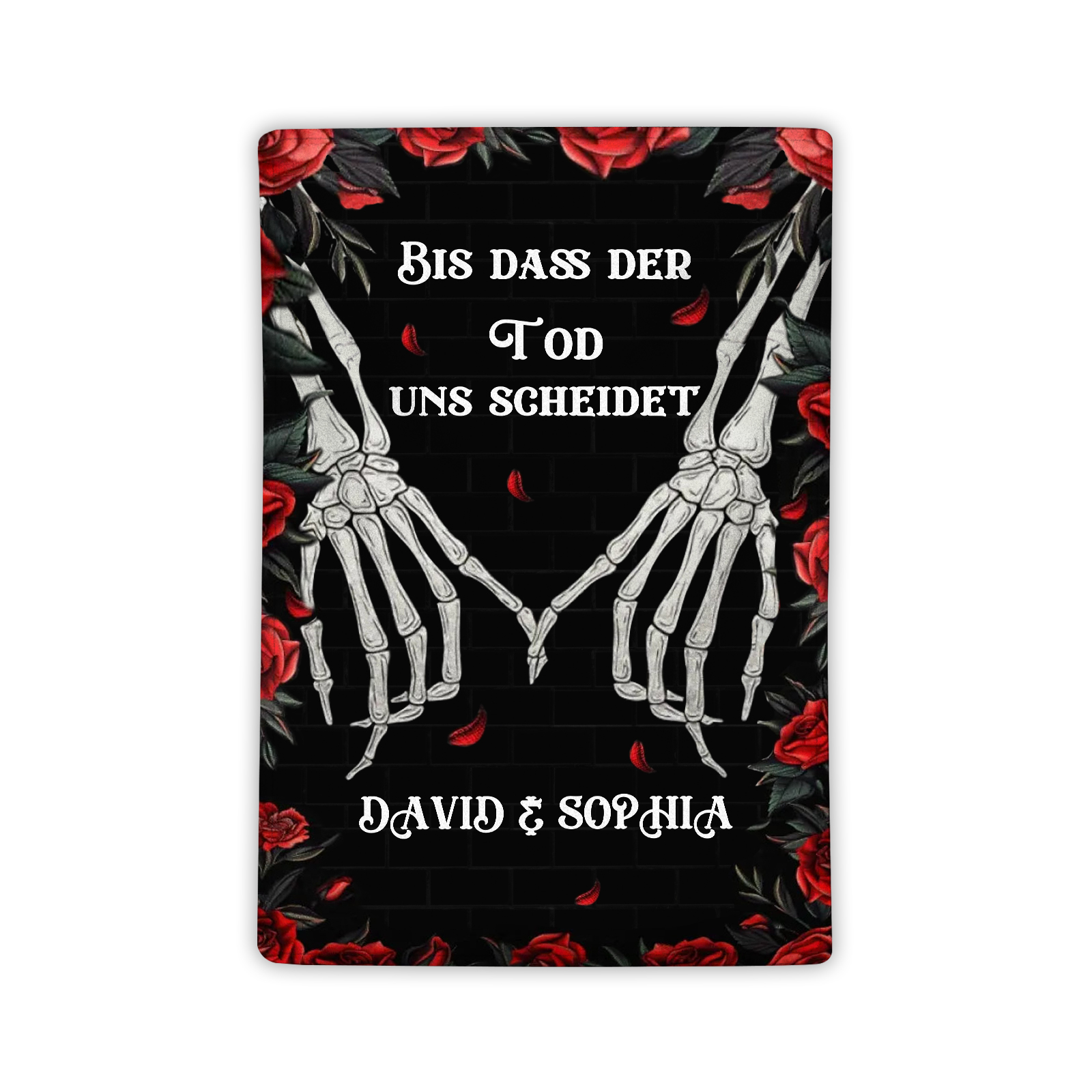 Personalisierte 2 Namen Schwarz Flanell Decke mit Totenkopf-Händen & Rosen -Bis dass der Tod uns scheidet- Geschenk für Paar