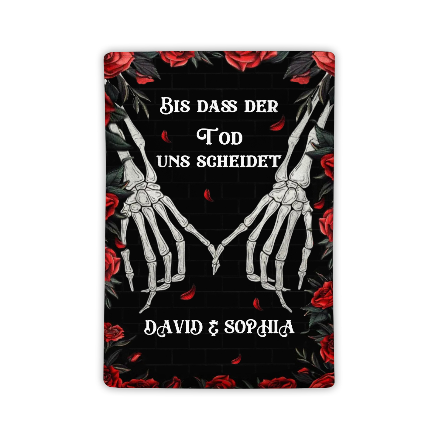 Personalisierte 2 Namen Schwarz Flanell Decke mit Totenkopf-Händen & Rosen -Bis dass der Tod uns scheidet- Geschenk für Paar
