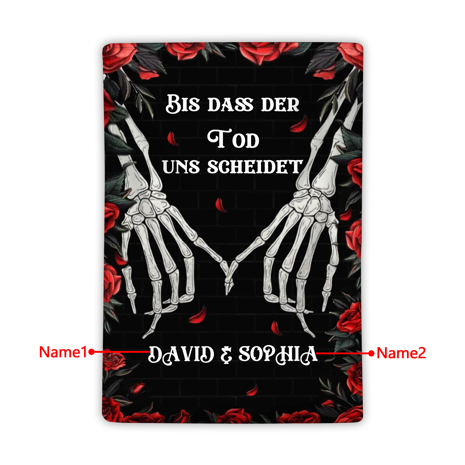 Personalisierte 2 Namen Schwarz Flanell Decke mit Totenkopf-Händen & Rosen -Bis dass der Tod uns scheidet- Geschenk für Paar