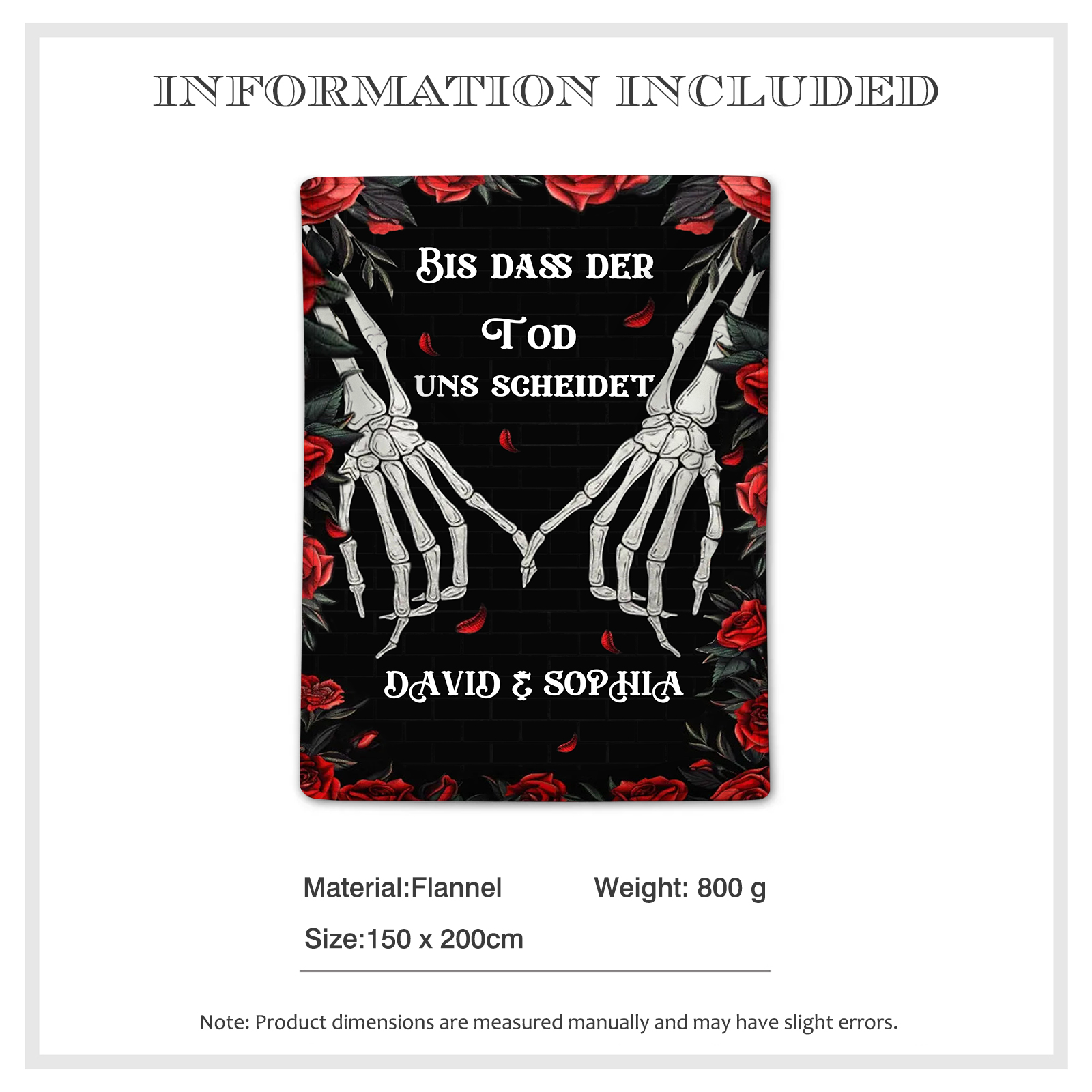 Personalisierte 2 Namen Schwarz Flanell Decke mit Totenkopf-Händen & Rosen -Bis dass der Tod uns scheidet- Geschenk für Paar