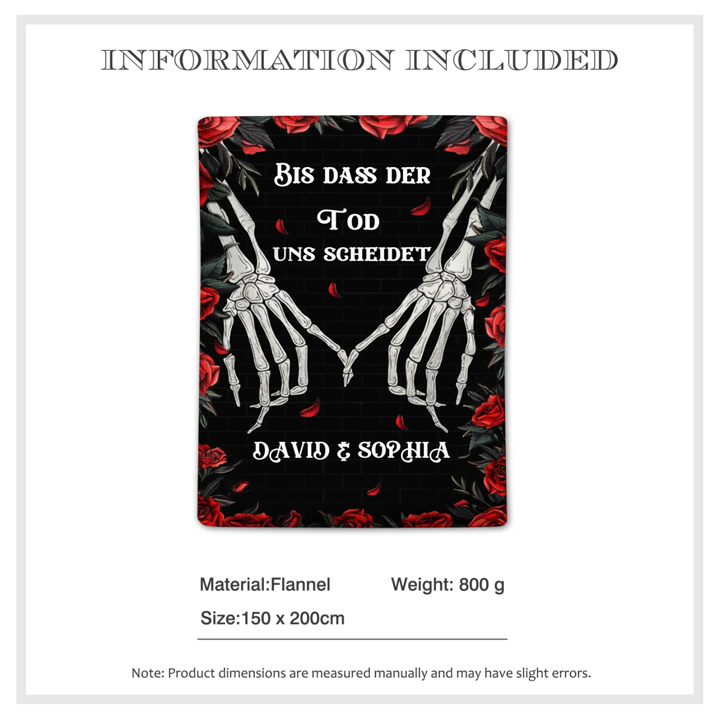 Personalisierte 2 Namen Schwarz Flanell Decke mit Totenkopf-Händen & Rosen -Bis dass der Tod uns scheidet- Geschenk für Paar