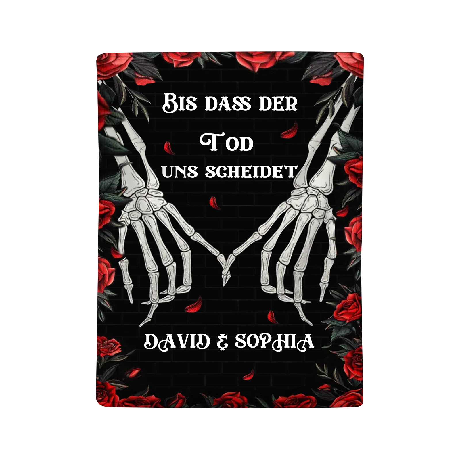 Personalisierte 2 Namen Schwarz Flanell Decke mit Totenkopf-Händen & Rosen -Bis dass der Tod uns scheidet- Geschenk für Paar