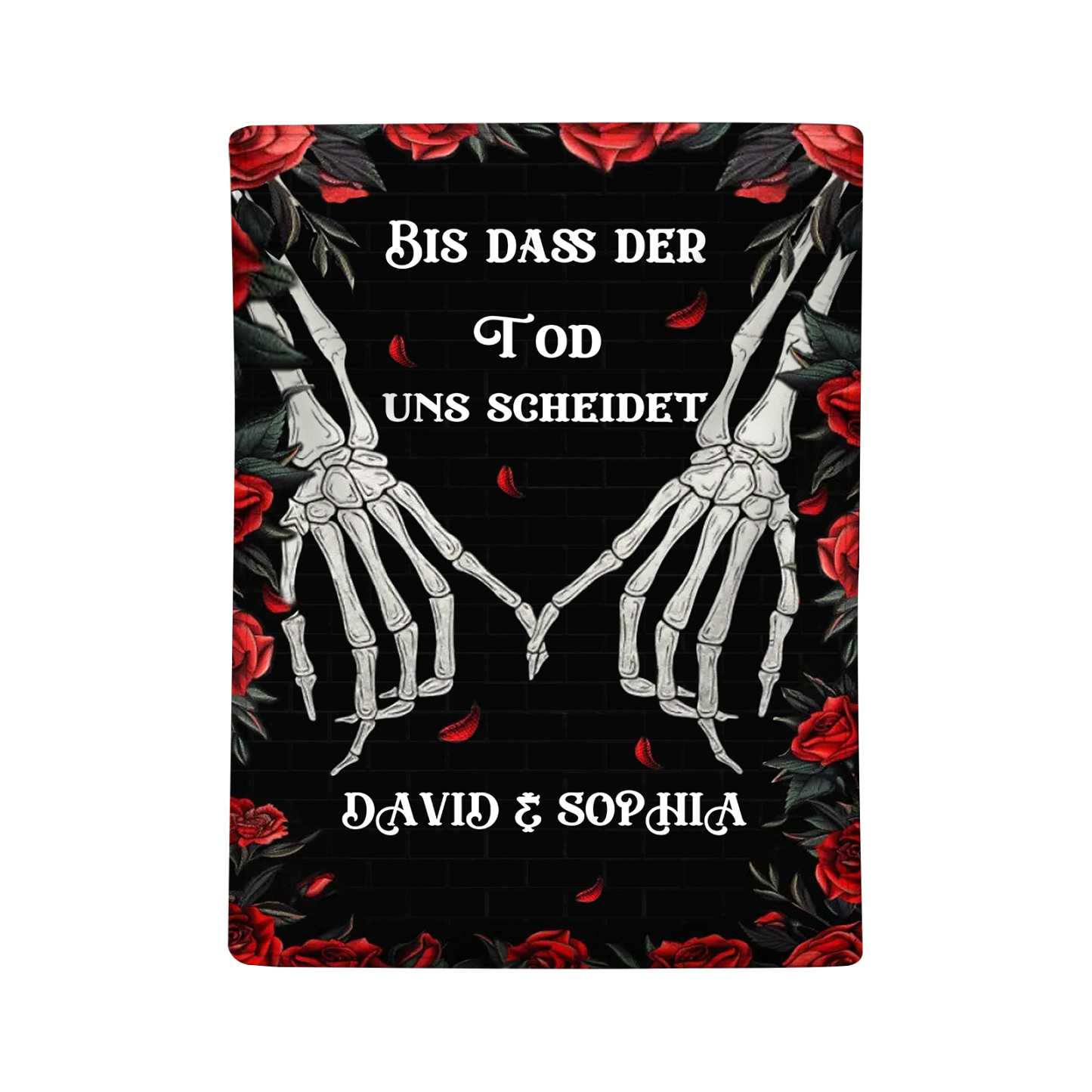 Personalisierte 2 Namen Schwarz Flanell Decke mit Totenkopf-Händen & Rosen -Bis dass der Tod uns scheidet- Geschenk für Paar
