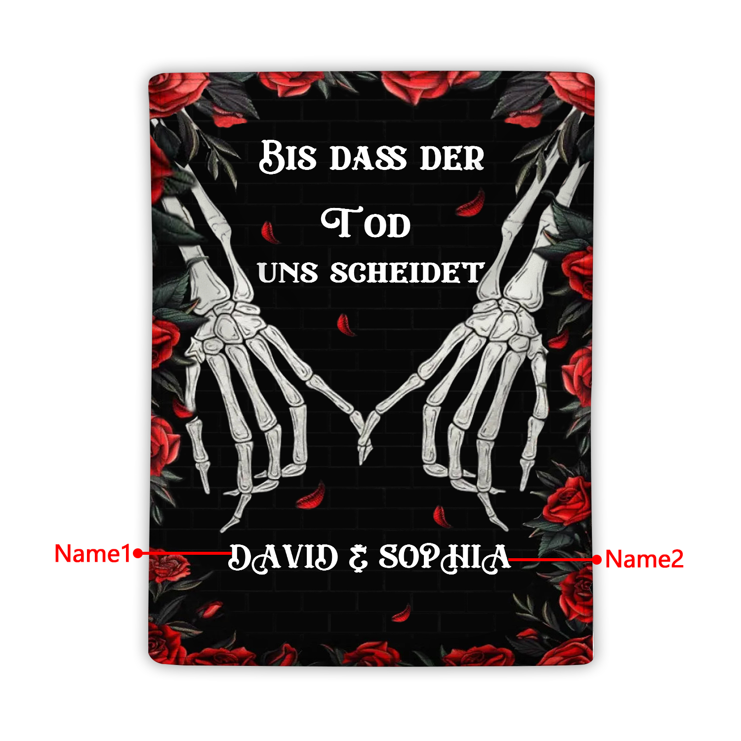 Personalisierte 2 Namen Schwarz Flanell Decke mit Totenkopf-Händen & Rosen -Bis dass der Tod uns scheidet- Geschenk für Paar