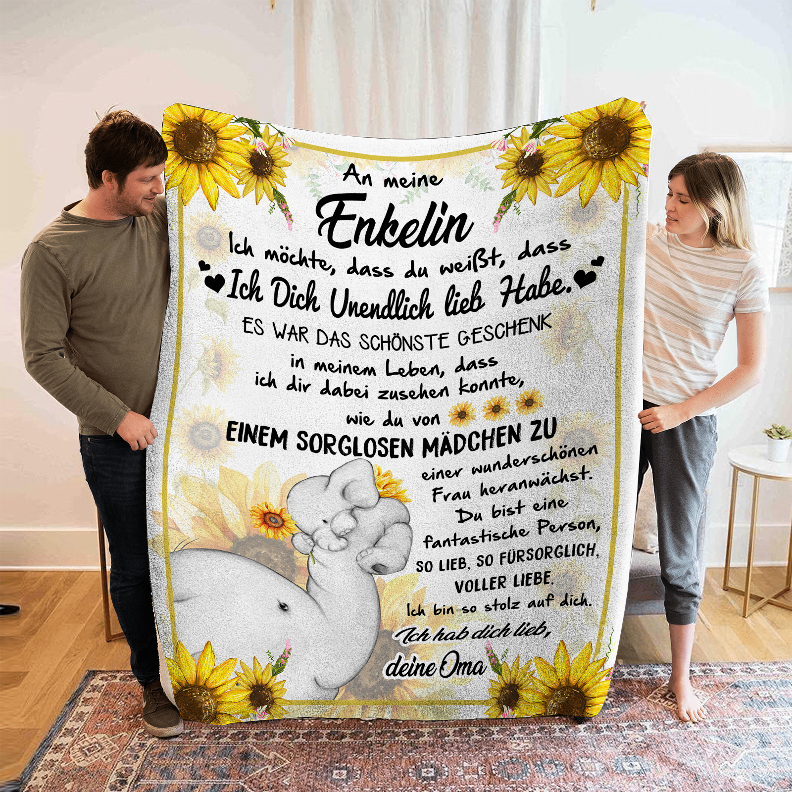 Personalisierte 1-6 Namen Elefant & Sunflower Flanell Decke – Perfektes Geschenk für Enkelin