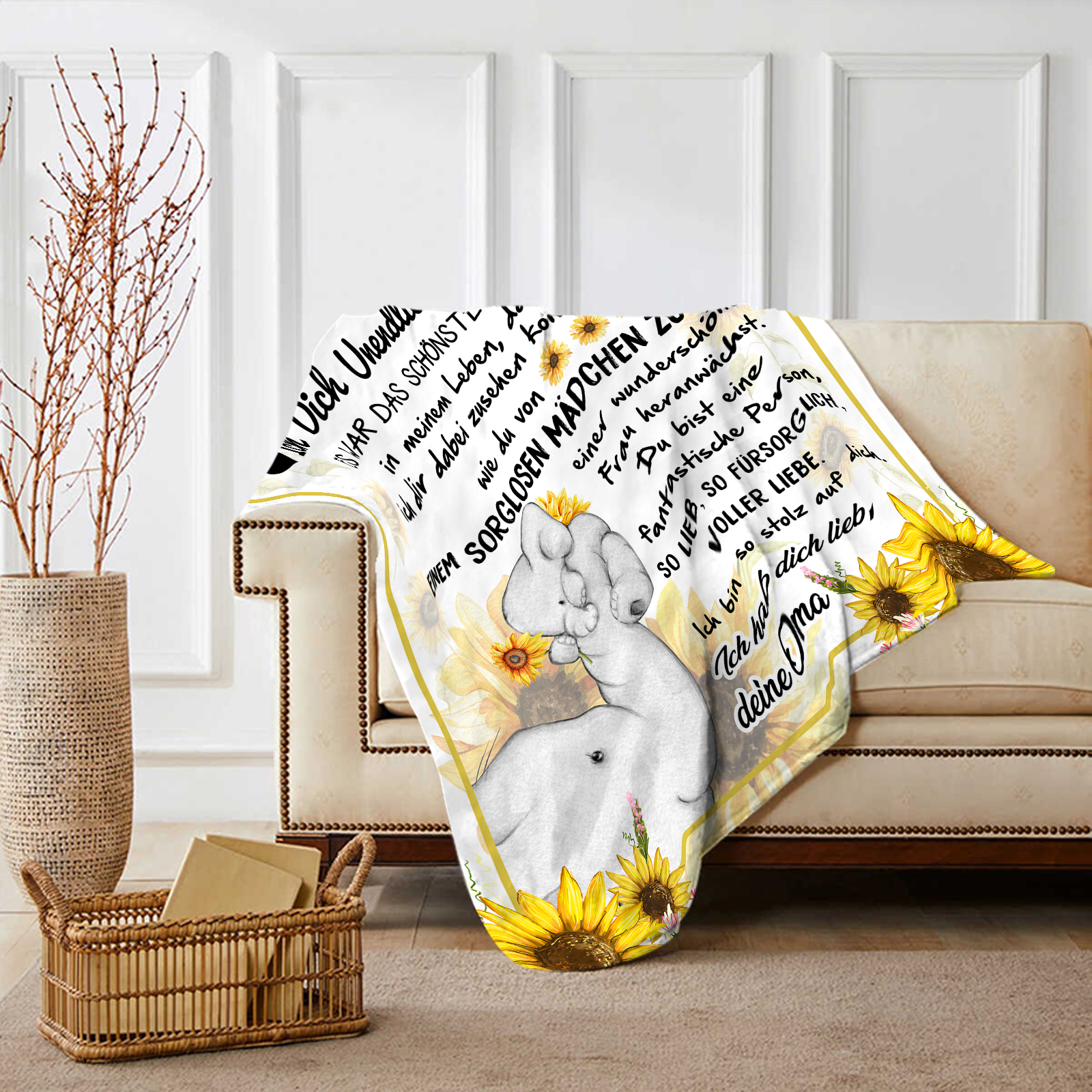 Personalisierte 1-6 Namen Elefant & Sunflower Flanell Decke – Perfektes Geschenk für Enkelin