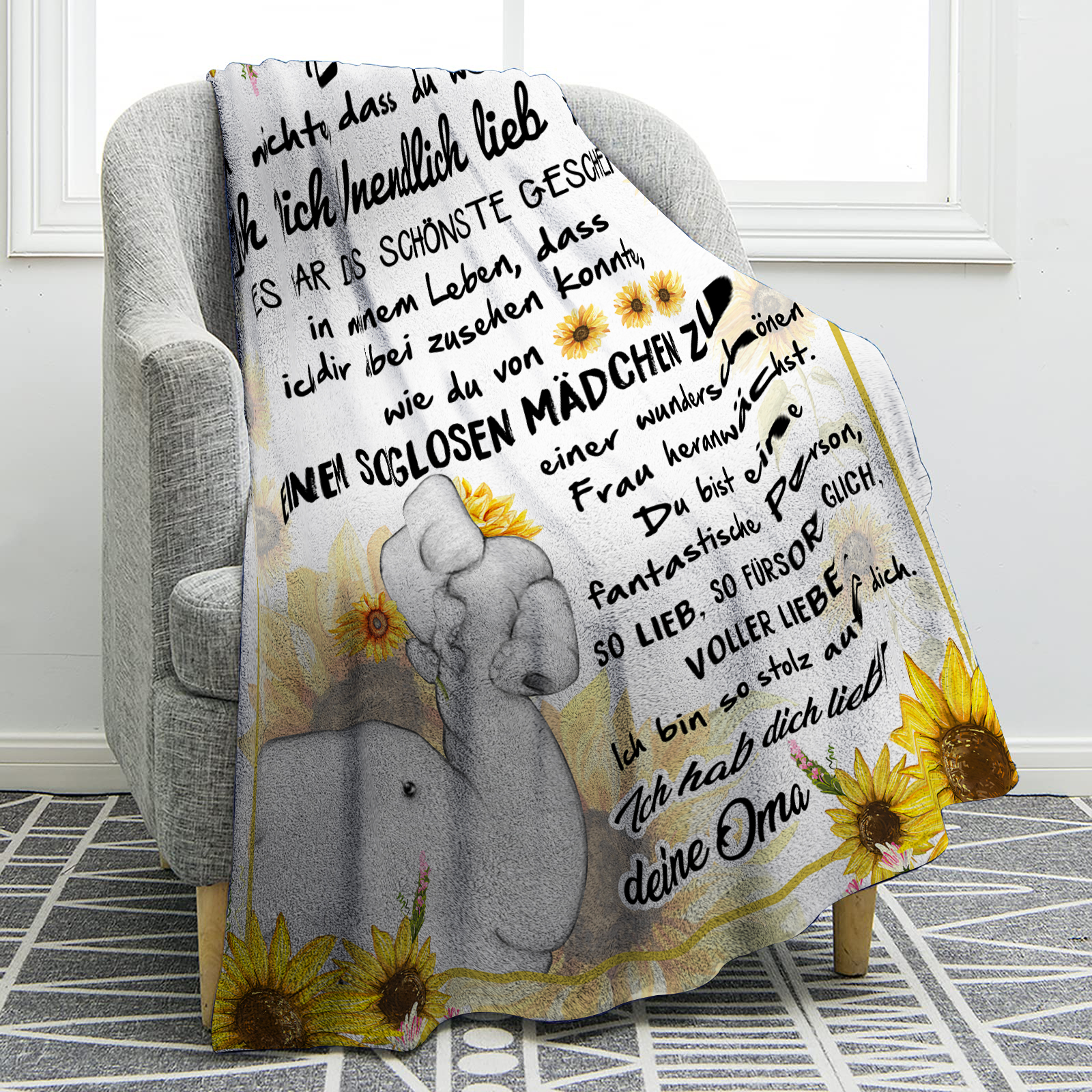 Personalisierte 1-6 Namen Elefant & Sunflower Flanell Decke – Perfektes Geschenk für Enkelin