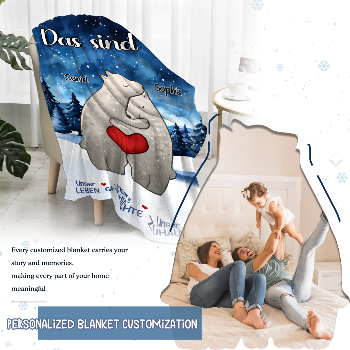 Personalisierte 2 Namen Bärenfamilie Flanell-Decke - Das sind wir - Gemütliches Geschenk für die Familie