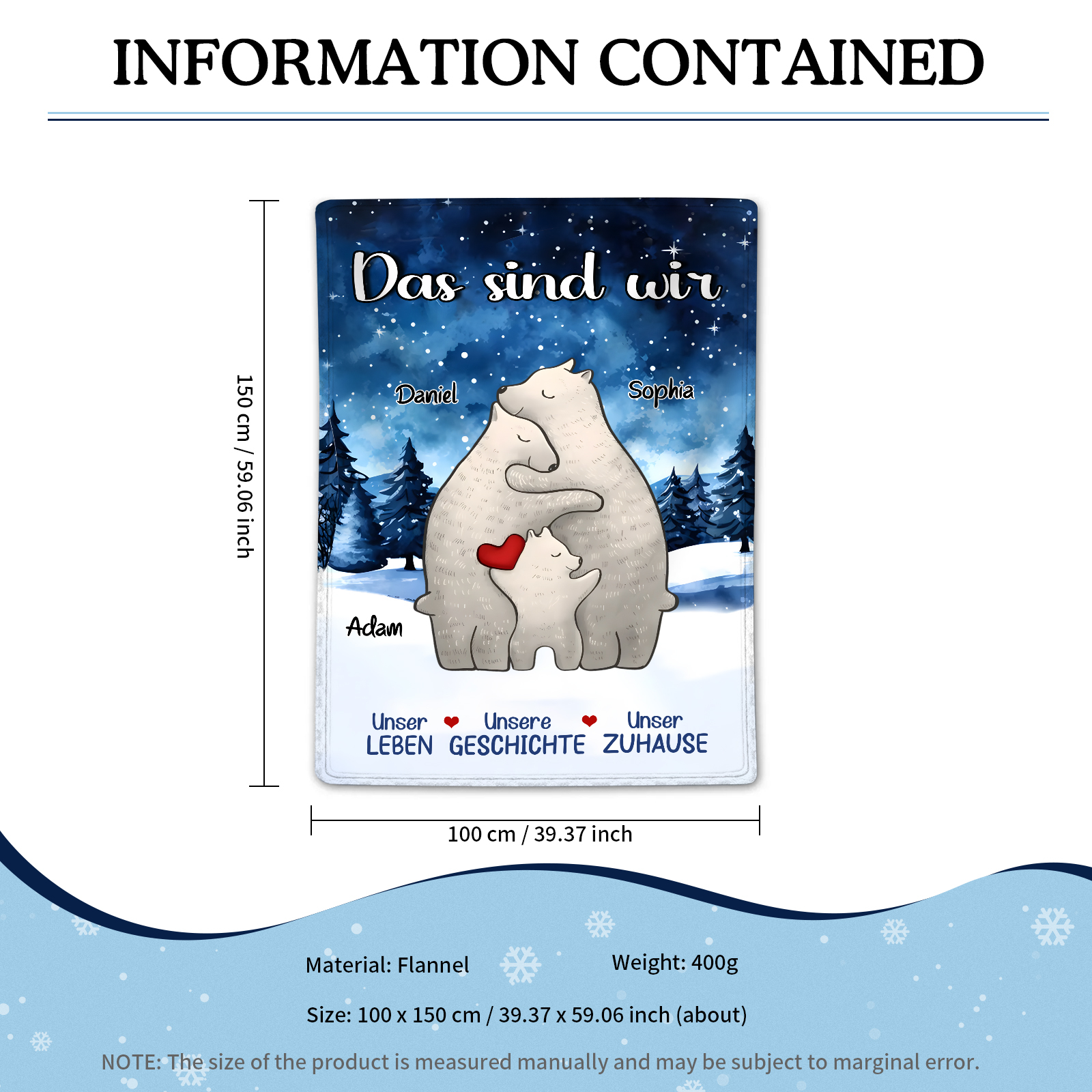 Personalisierte 3 Namen Bärenfamilie Flanell-Decke - Das sind wir - Gemütliches Geschenk für die Familie