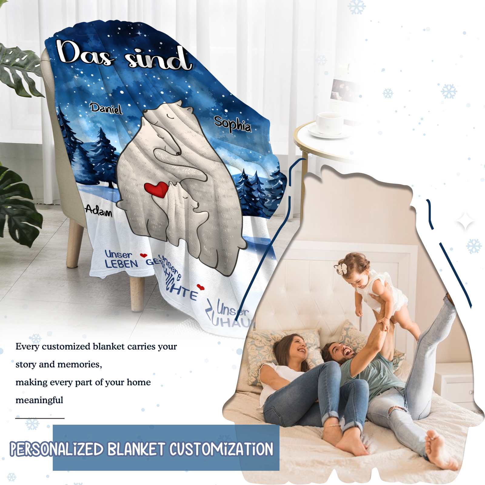 Personalisierte 3 Namen Bärenfamilie Flanell-Decke - Das sind wir - Gemütliches Geschenk für die Familie