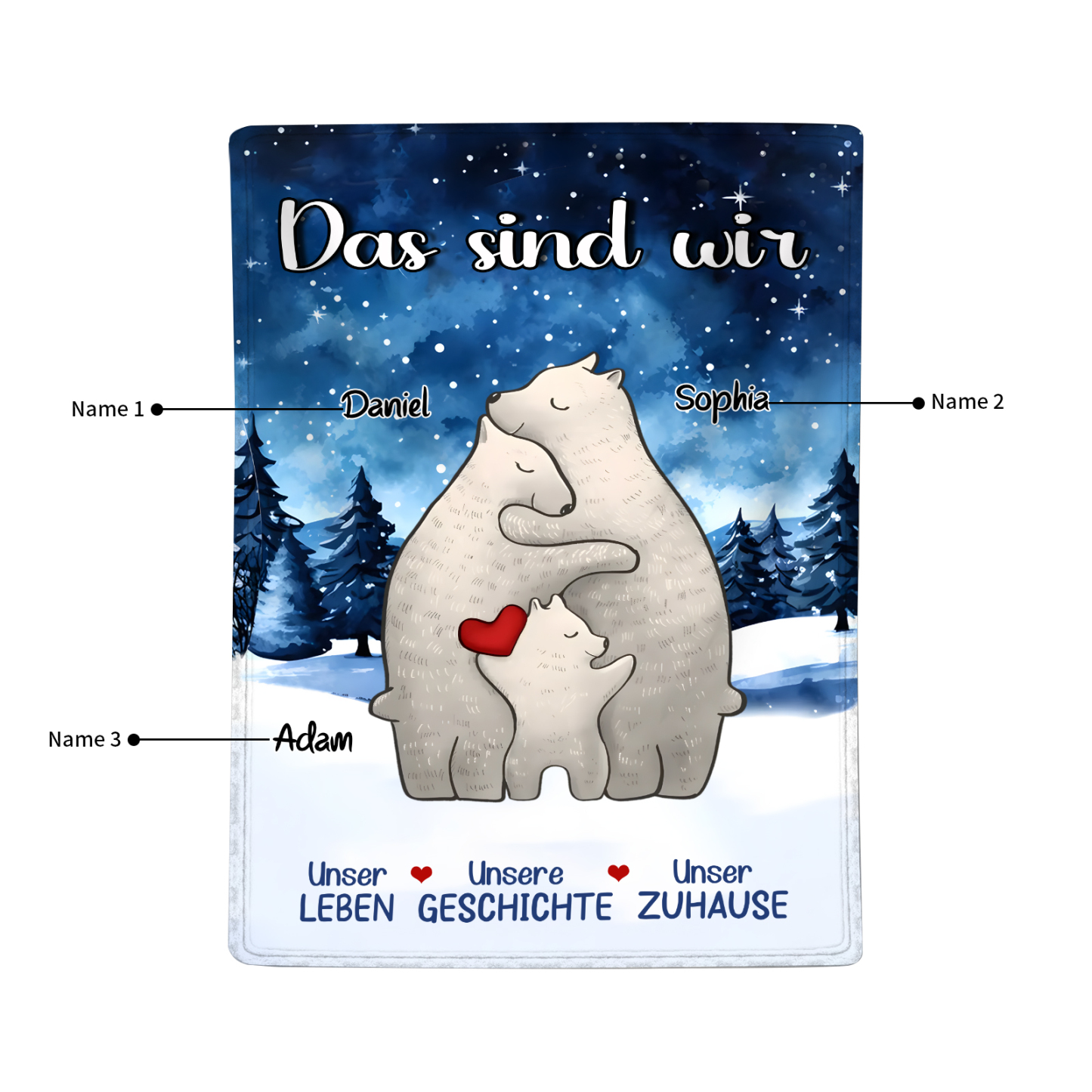 Personalisierte 3 Namen Bärenfamilie Flanell-Decke - Das sind wir - Gemütliches Geschenk für die Familie