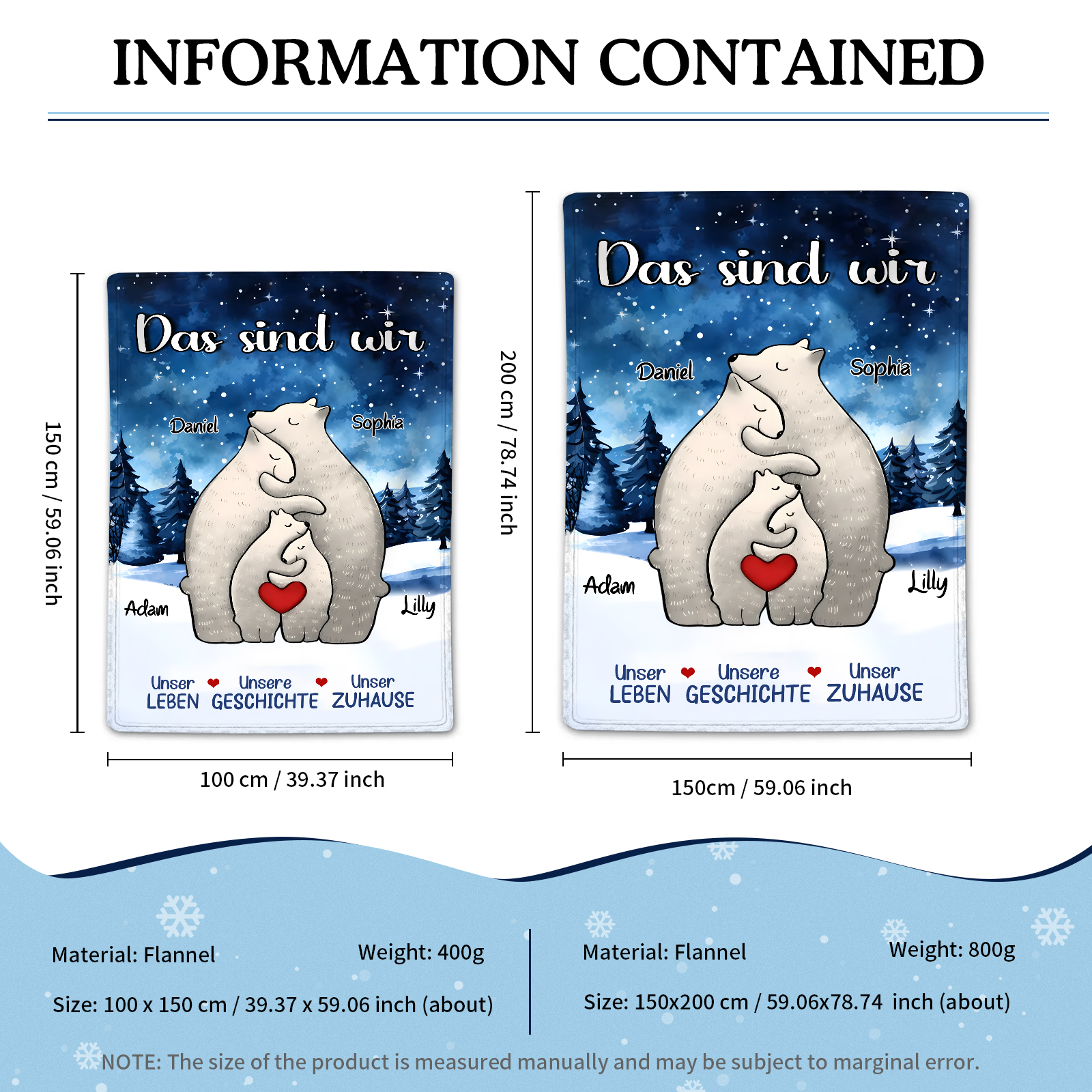 Personalisierte 4 Namen Bärenfamilie Flanell-Decke - Das sind wir - Gemütliches Geschenk für die Familie