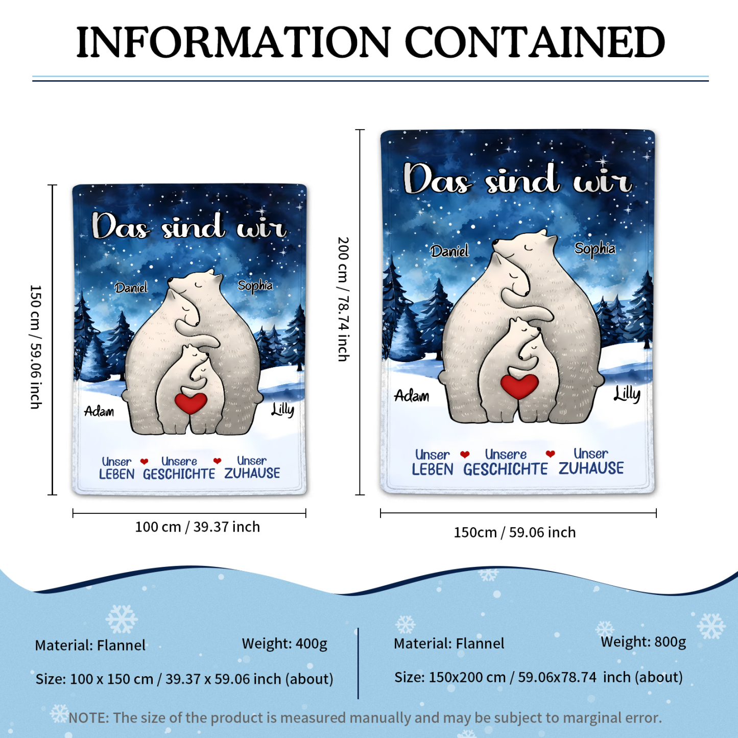 Personalisierte 4 Namen Bärenfamilie Flanell-Decke - Das sind wir - Gemütliches Geschenk für die Familie