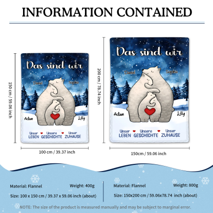 Personalisierte 4 Namen Bärenfamilie Flanell-Decke - Das sind wir - Gemütliches Geschenk für die Familie
