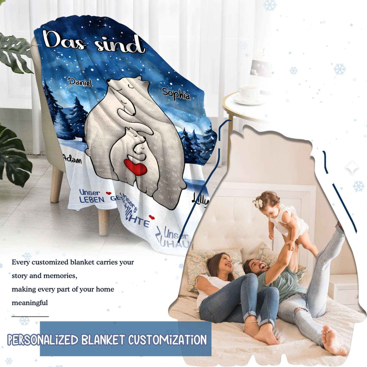 Personalisierte 4 Namen Bärenfamilie Flanell-Decke - Das sind wir - Gemütliches Geschenk für die Familie
