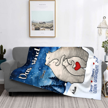 Personalisierte 4 Namen Bärenfamilie Flanell-Decke - Das sind wir - Gemütliches Geschenk für die Familie