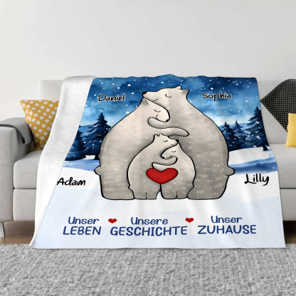 Personalisierte 4 Namen Bärenfamilie Flanell-Decke - Das sind wir - Gemütliches Geschenk für die Familie