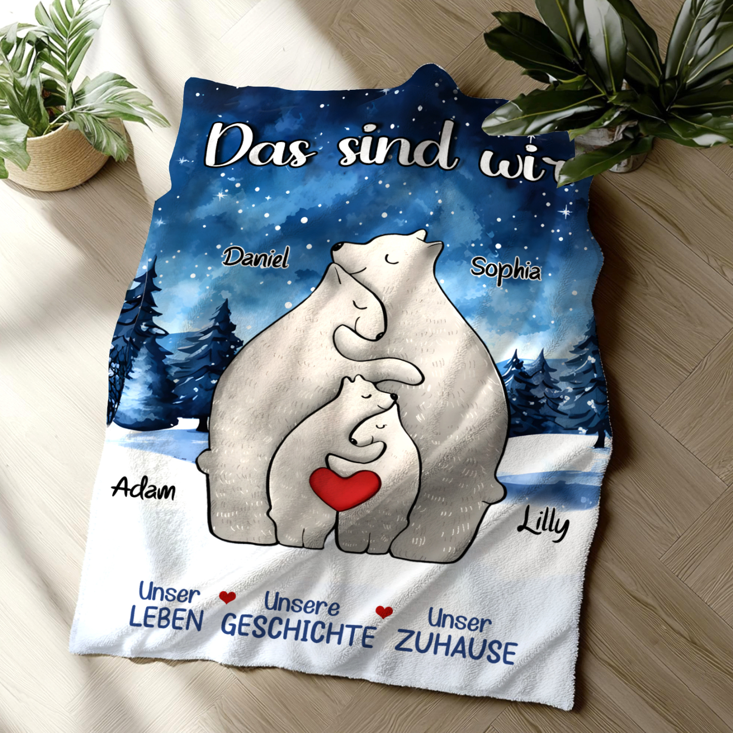 Personalisierte 4 Namen Bärenfamilie Flanell-Decke - Das sind wir - Gemütliches Geschenk für die Familie