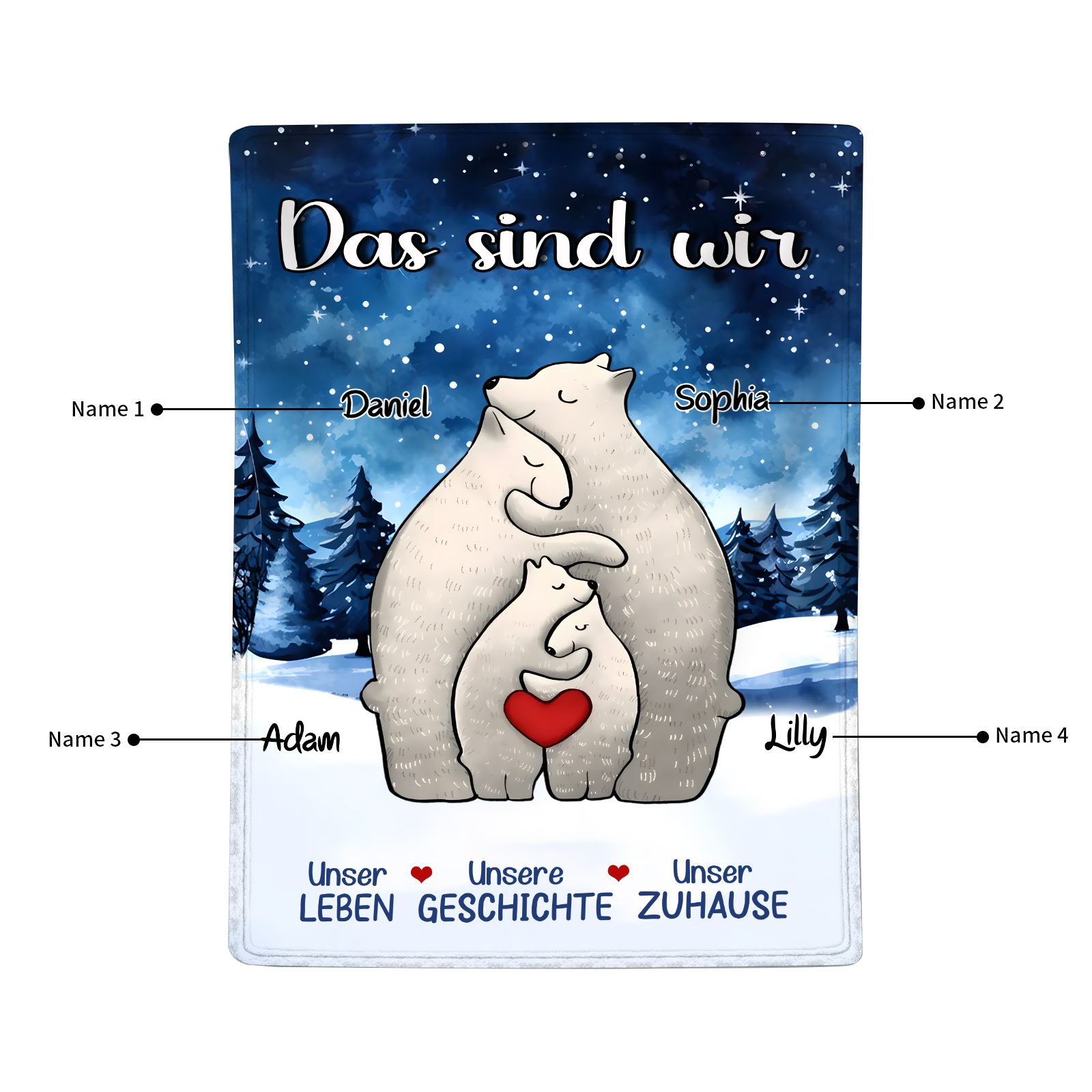 Personalisierte 4 Namen Bärenfamilie Flanell-Decke - Das sind wir - Gemütliches Geschenk für die Familie
